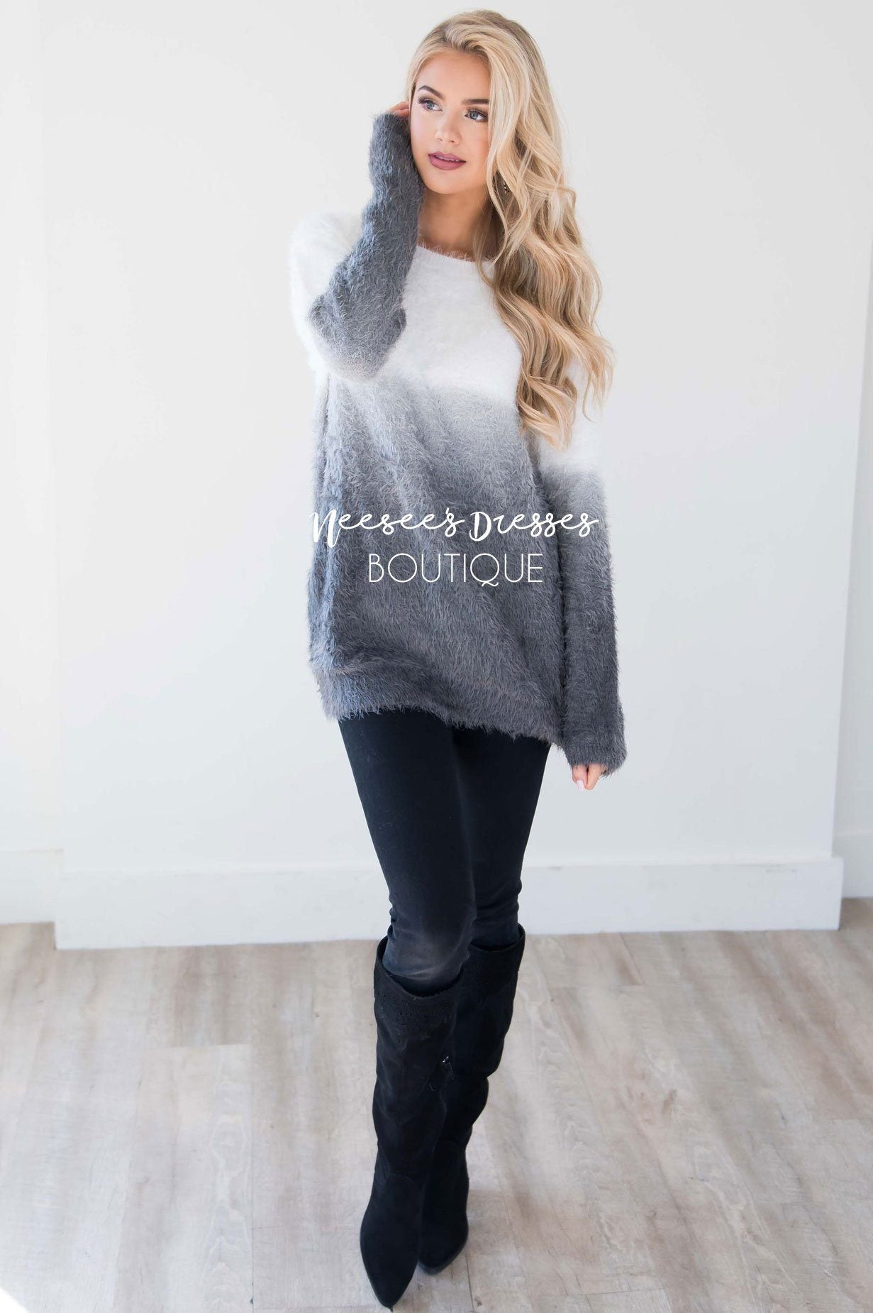 Dip-Dye Fuzzy Sweater Tops vendor-unknown