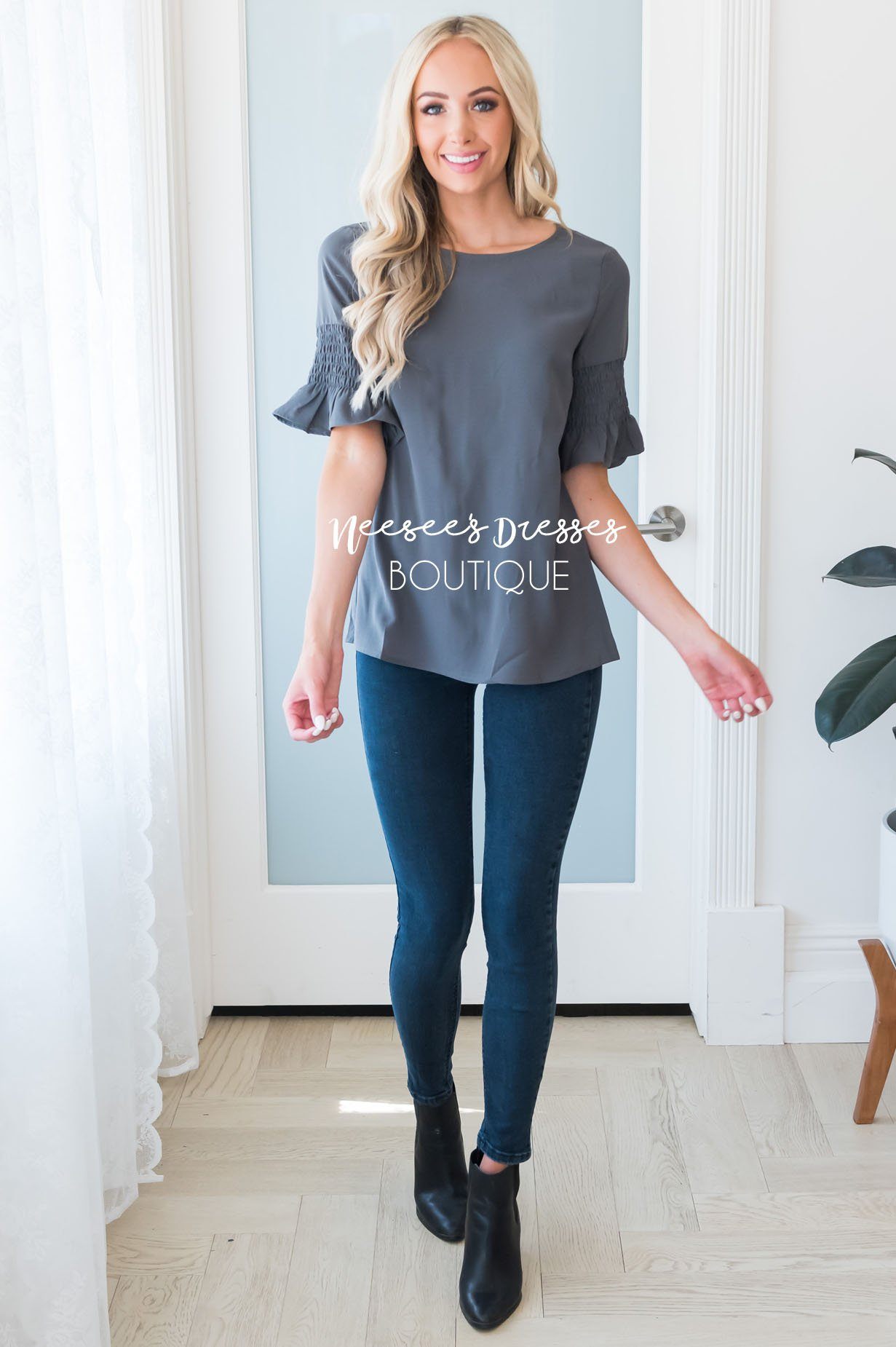 Something New Gathered Sleeve Top Modest Dresses vendor-unknown