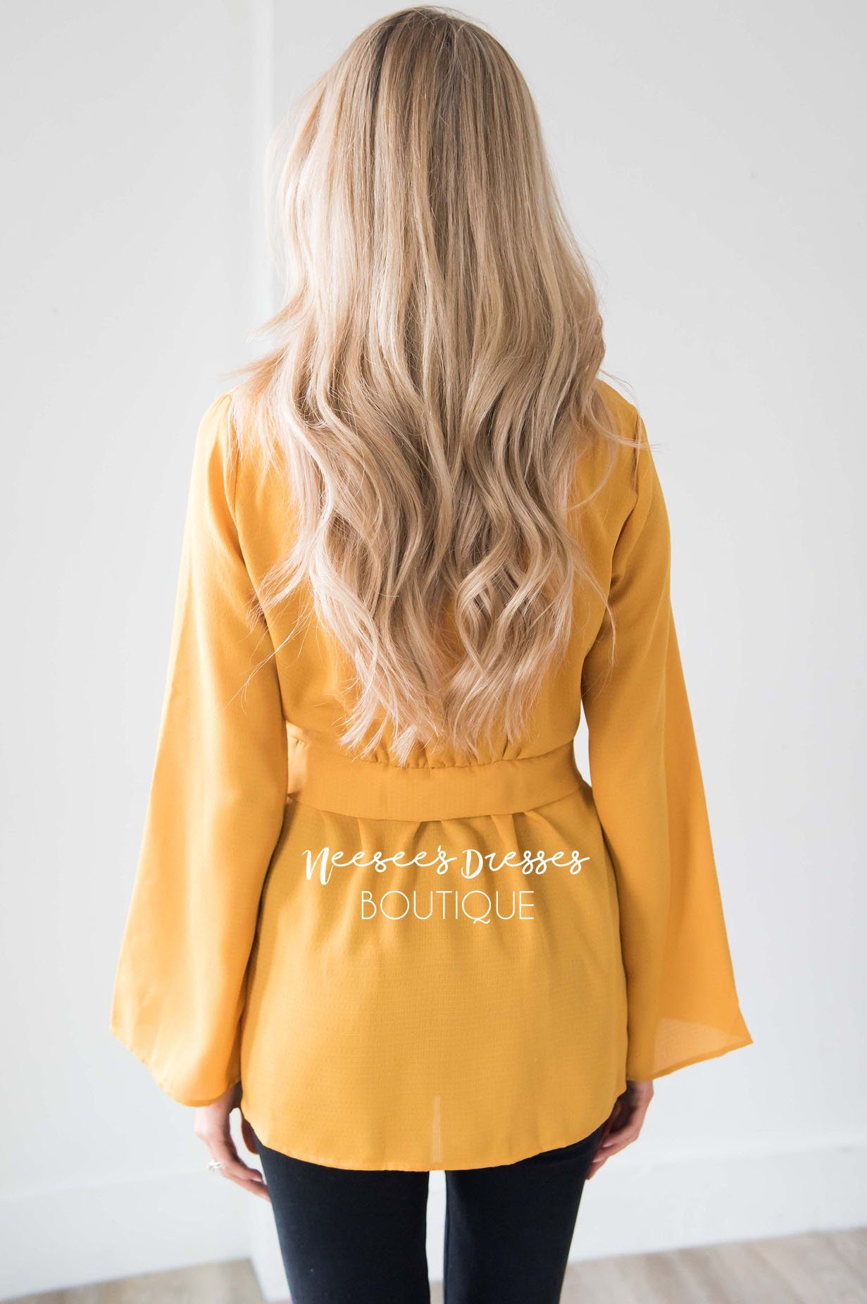 Bell Sleeve Tie Waist Blouse Tops vendor-unknown