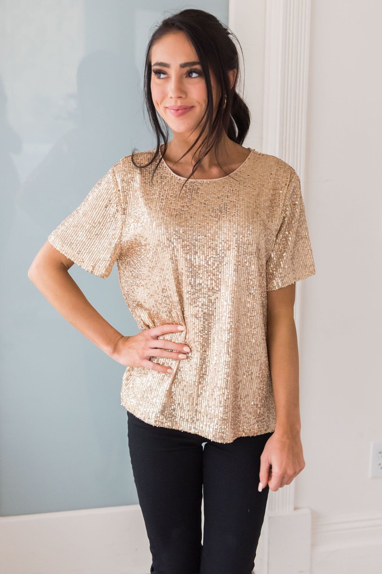Love Actually Modest Sequin Blouse Tops vendor-unknown