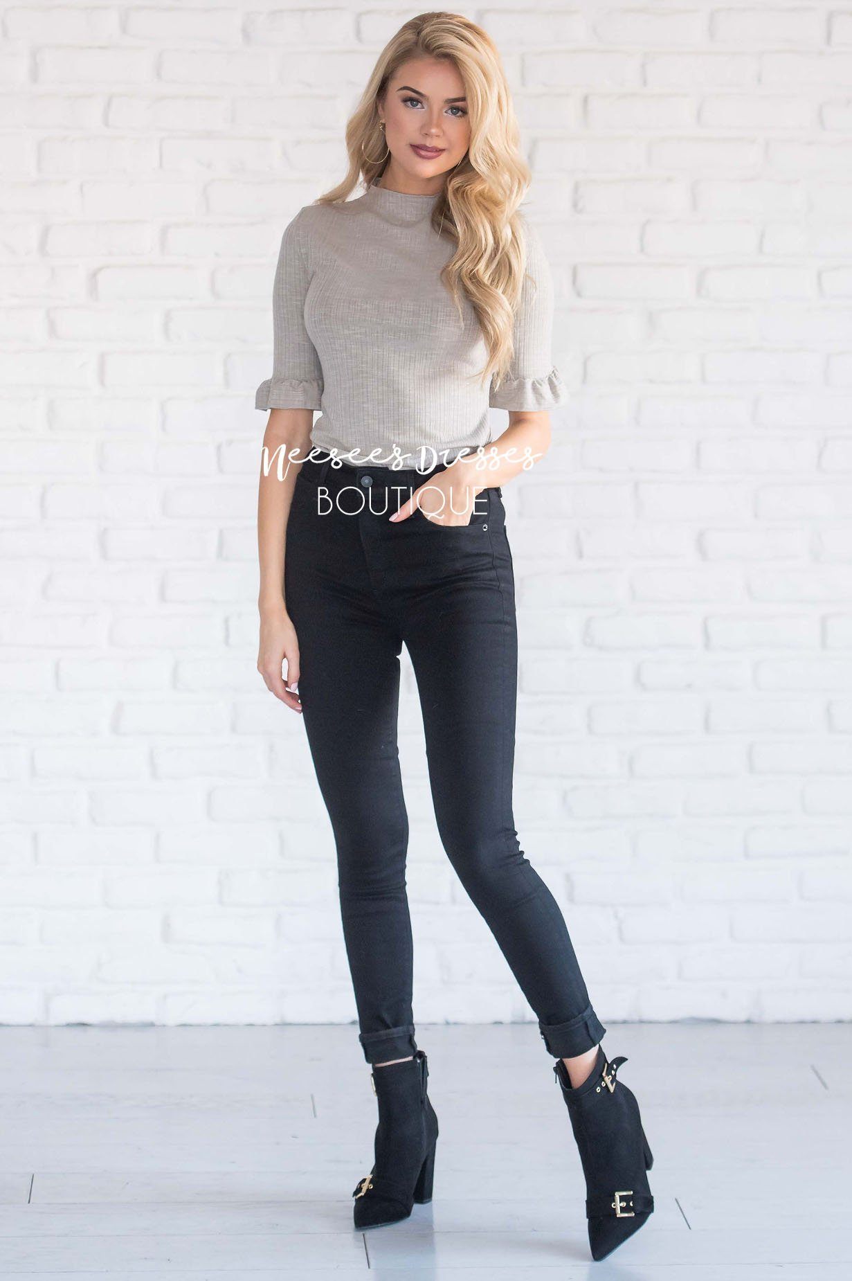 Ribbed High Neck Bell Sleeve Top Tops vendor-unknown