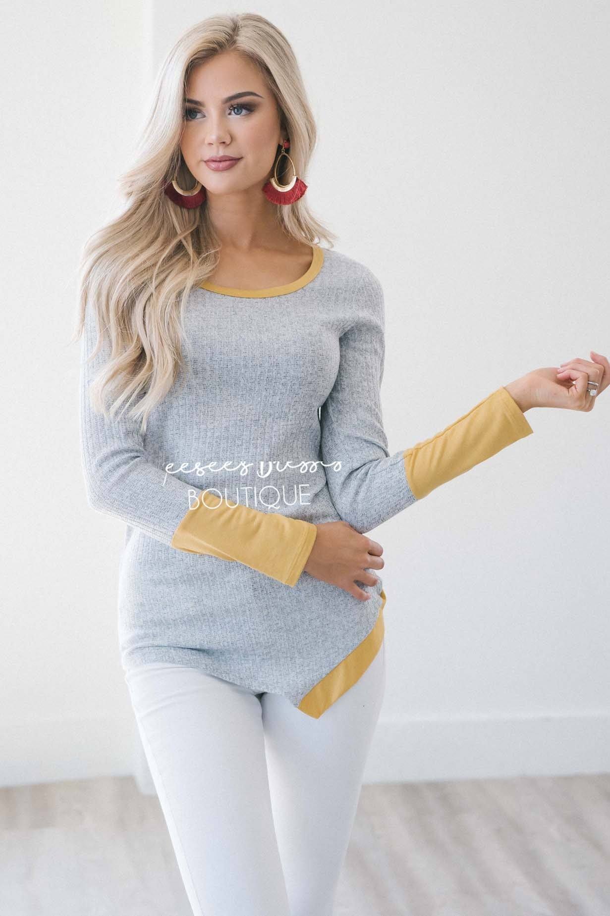 Mustard Trim Thermal Top Tops vendor-unknown