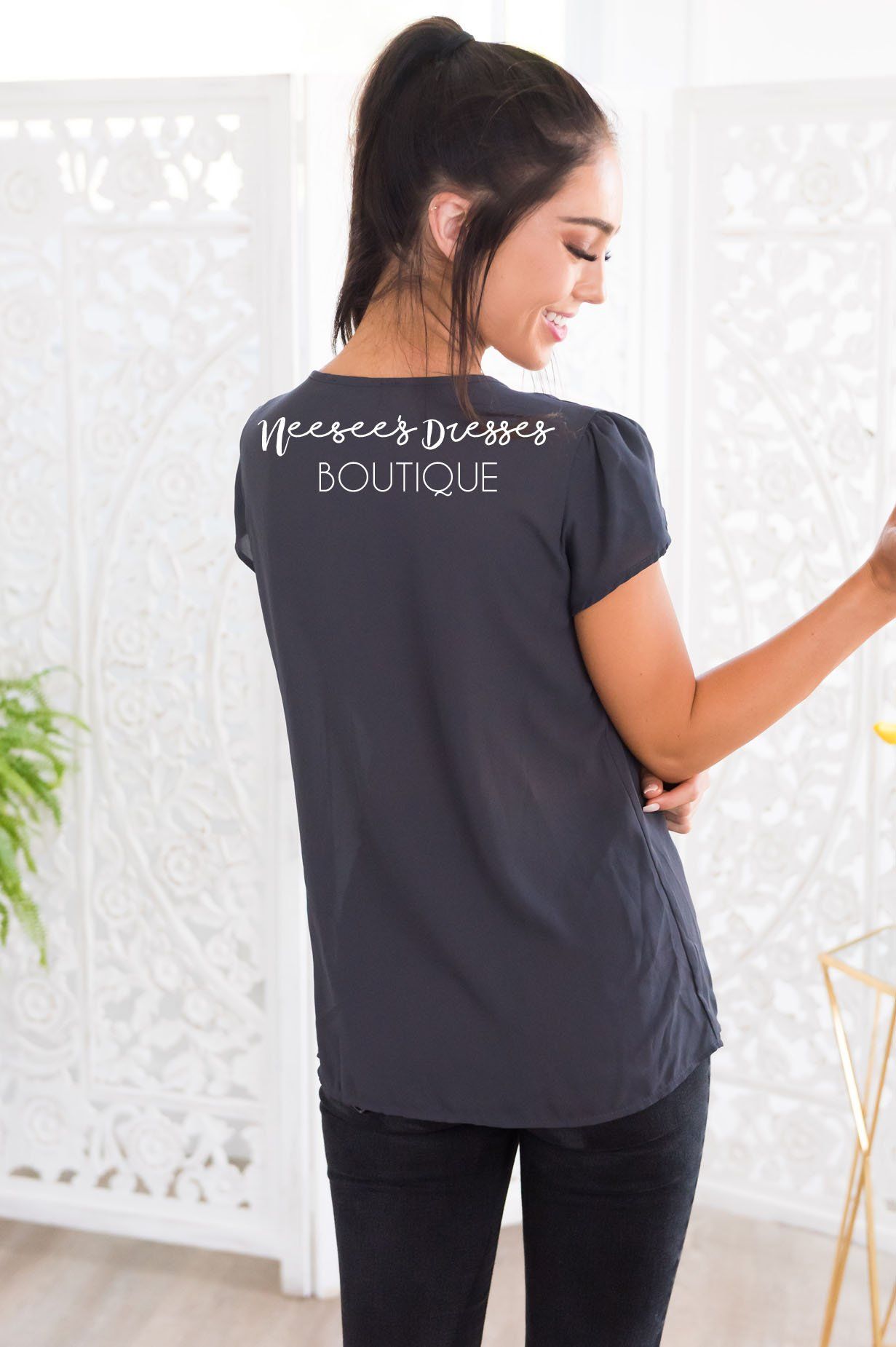 Charcoal Chiffon Tulip Sleeve Top Tops vendor-unknown