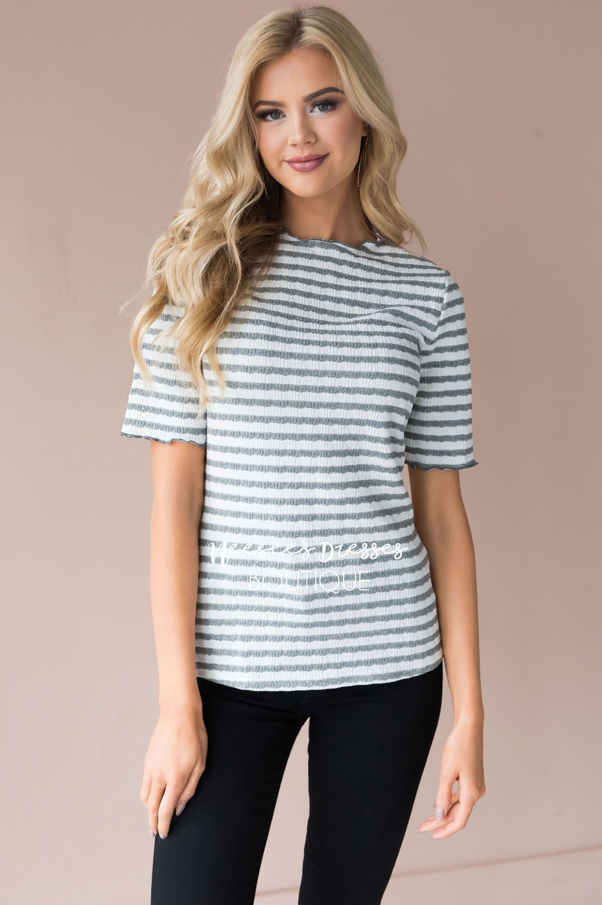 Winning with Stripes Textured Top Modest Dresses vendor-unknown