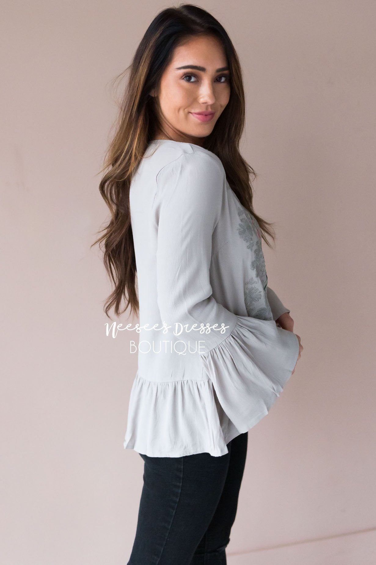 Forever Loved Embroidered Bell Sleeve Blouse Tops vendor-unknown