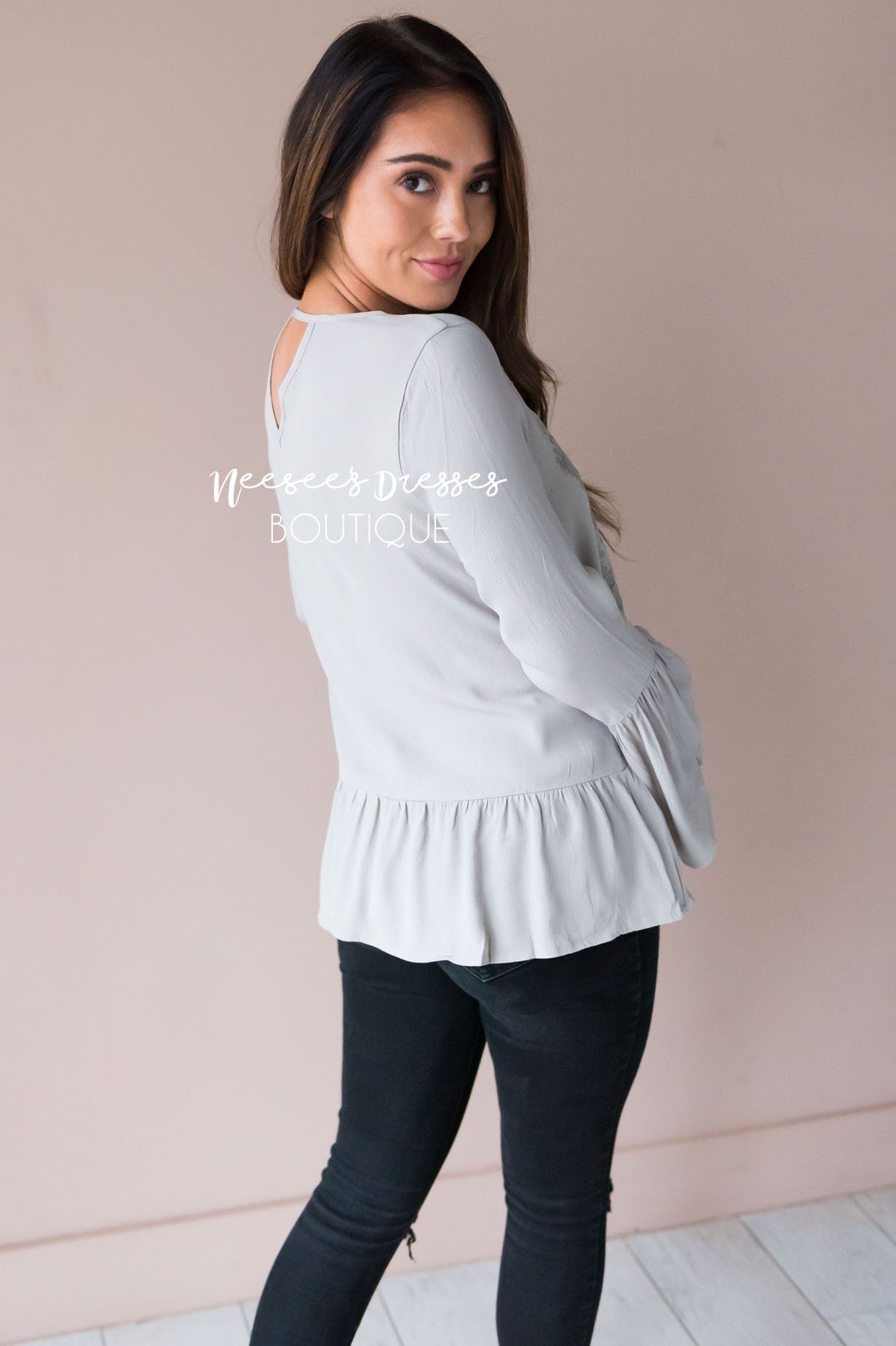 Forever Loved Embroidered Bell Sleeve Blouse Tops vendor-unknown