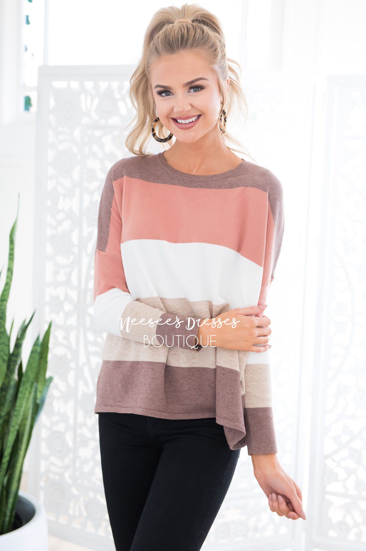 Hot Cocoa and Cream Block Sweater Modest Dresses vendor-unknown