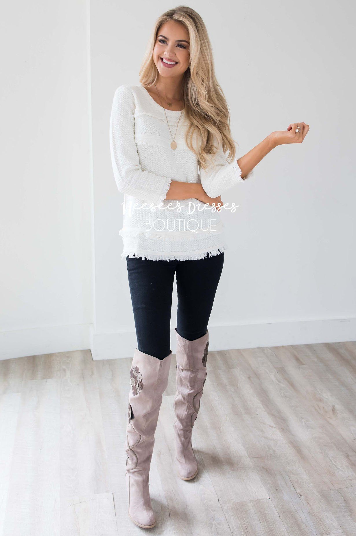 Ivory Fringe Trim Sweater Tops vendor-unknown