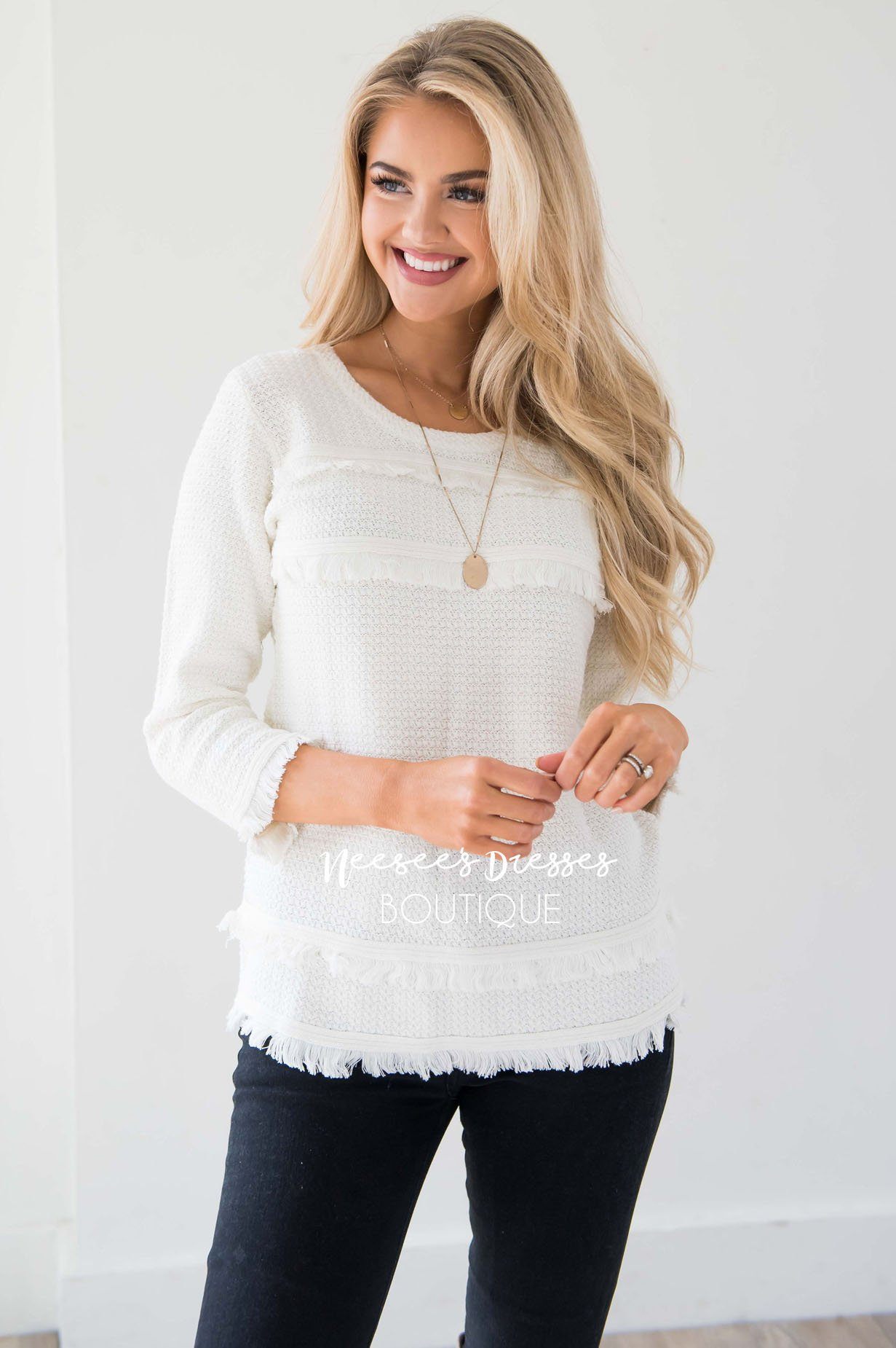 Ivory Fringe Trim Sweater Tops vendor-unknown