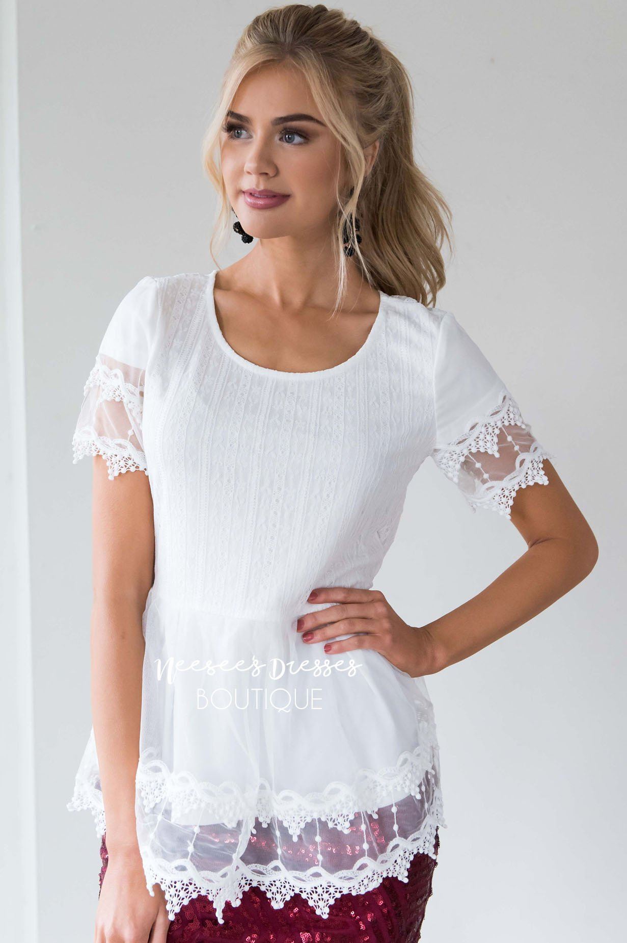 Scallop Lace Tulle Peplum Blouse Tops vendor-unknown