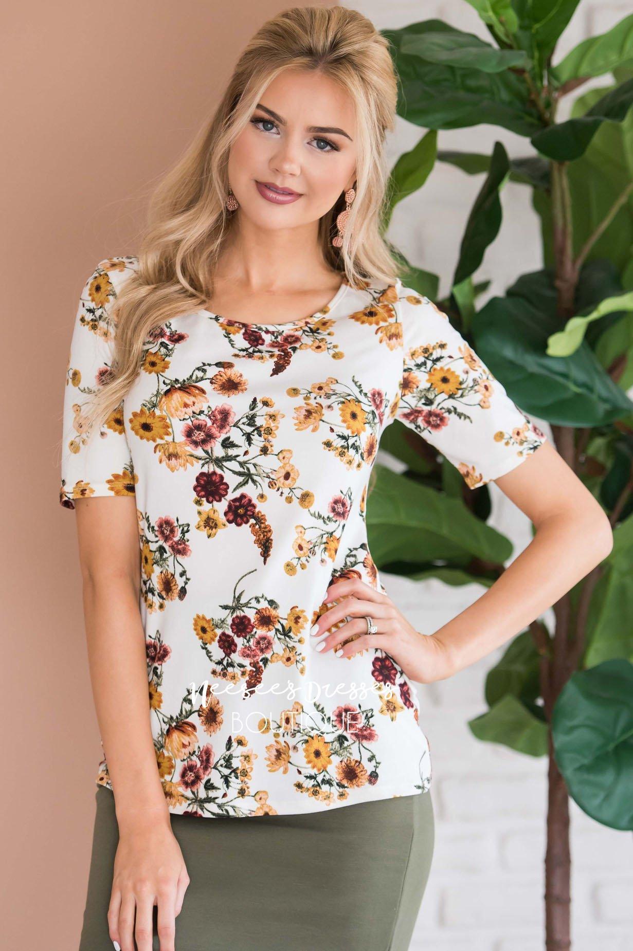 Floral Scoop Neck Tee Tops vendor-unknown