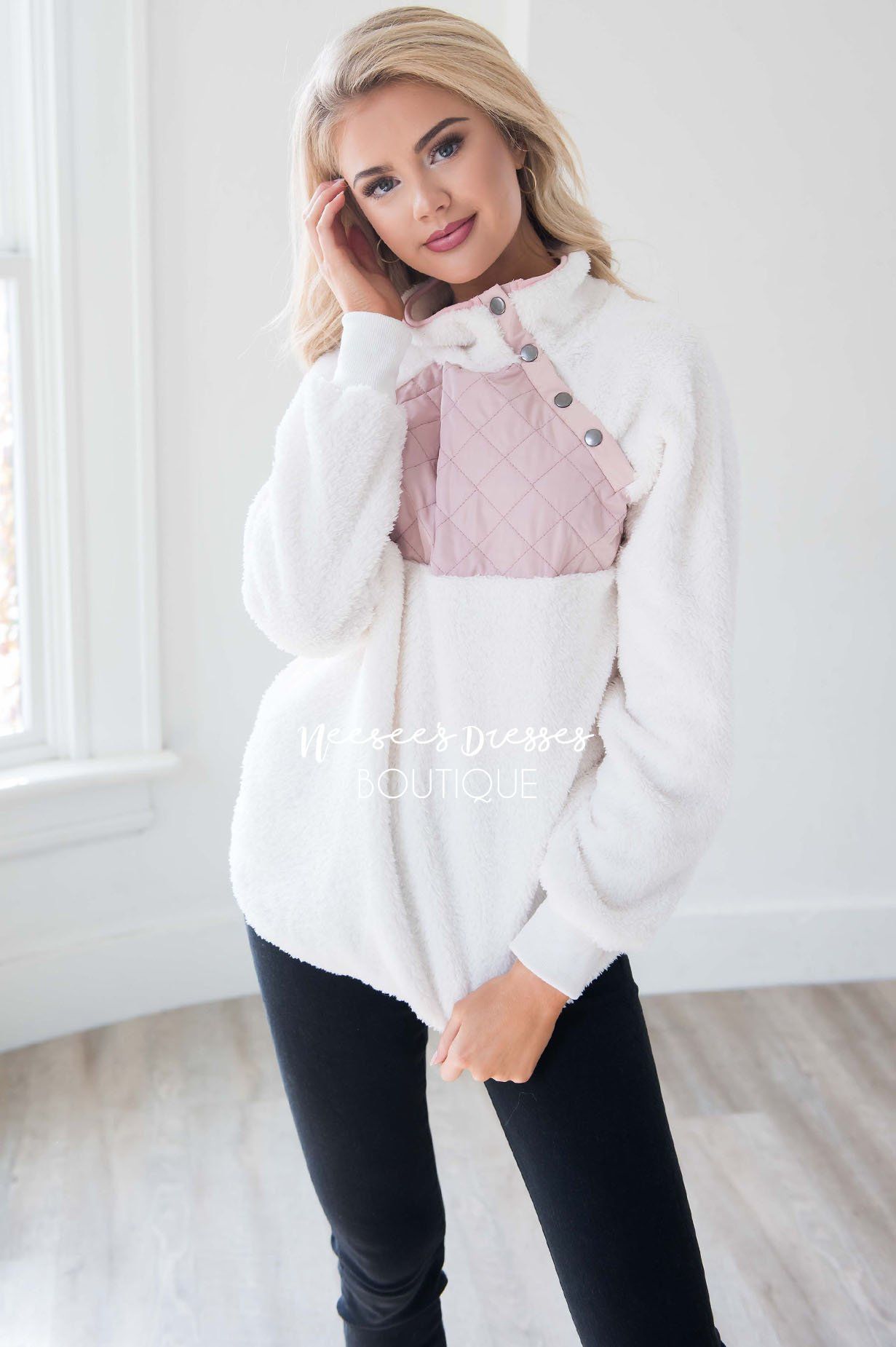 Trusted Heart Fuzzy Snap Button Pullover Sweater Tops vendor-unknown
