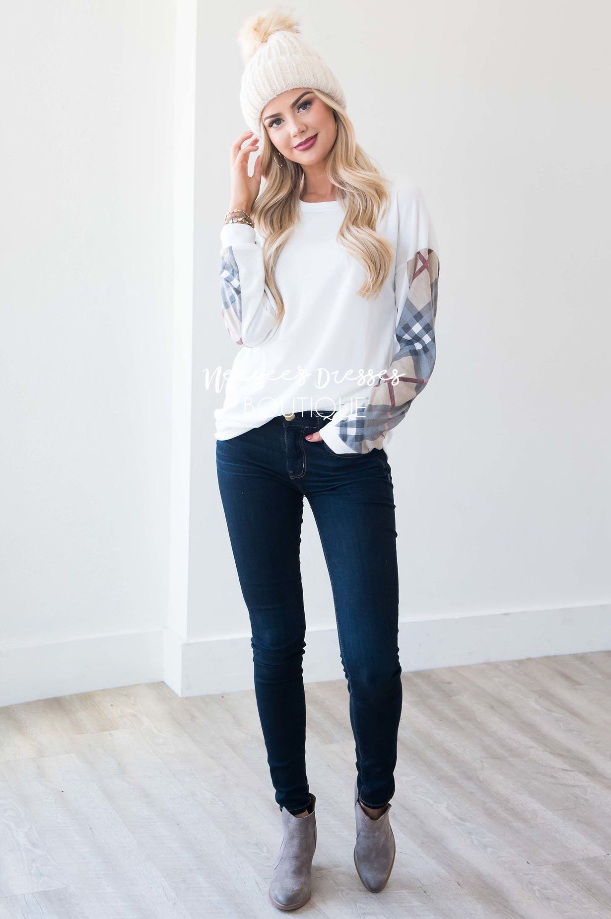 Fireside Flair Plaid Sleeve Sweater Tops vendor-unknown