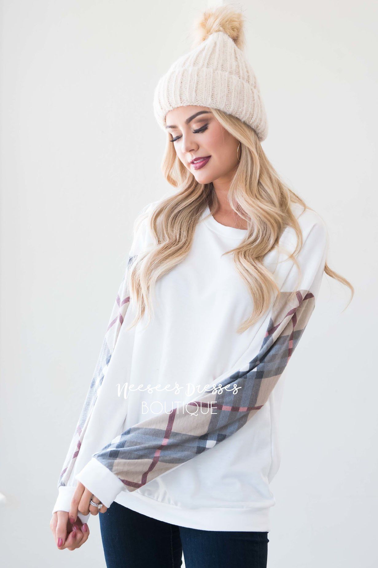 Fireside Flair Plaid Sleeve Sweater Tops vendor-unknown