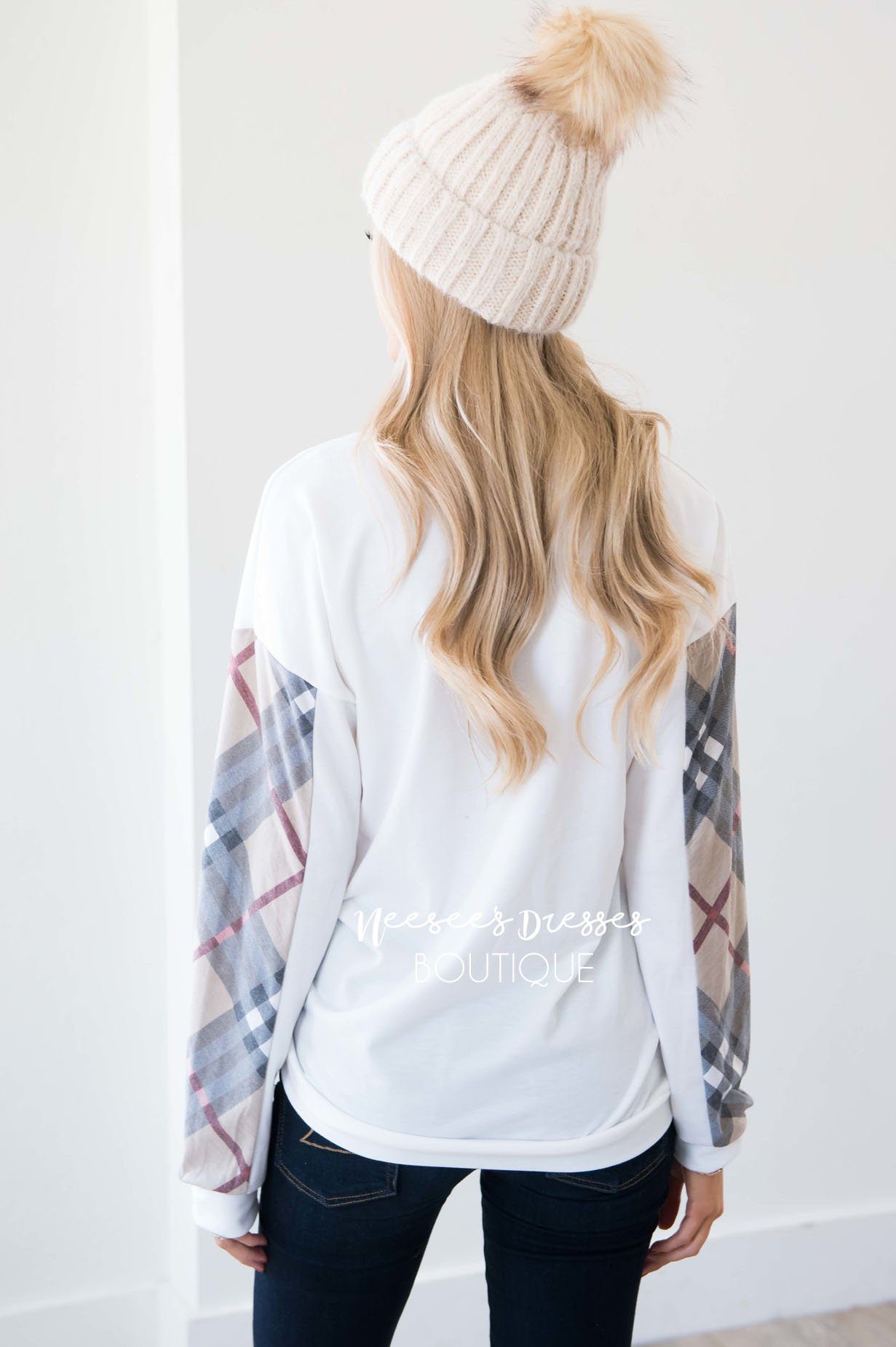 Fireside Flair Plaid Sleeve Sweater Tops vendor-unknown