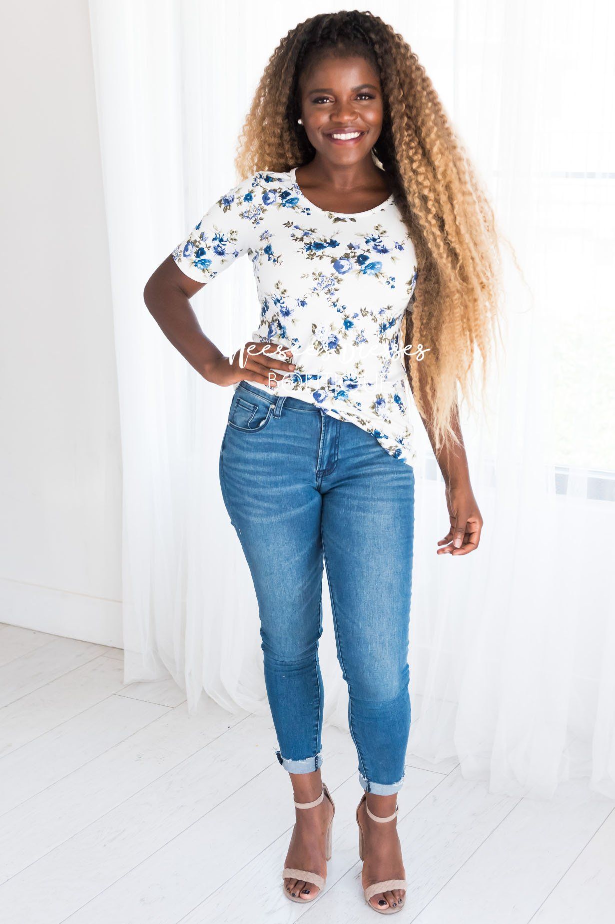 Floral Scoop Neck Tee Tops vendor-unknown