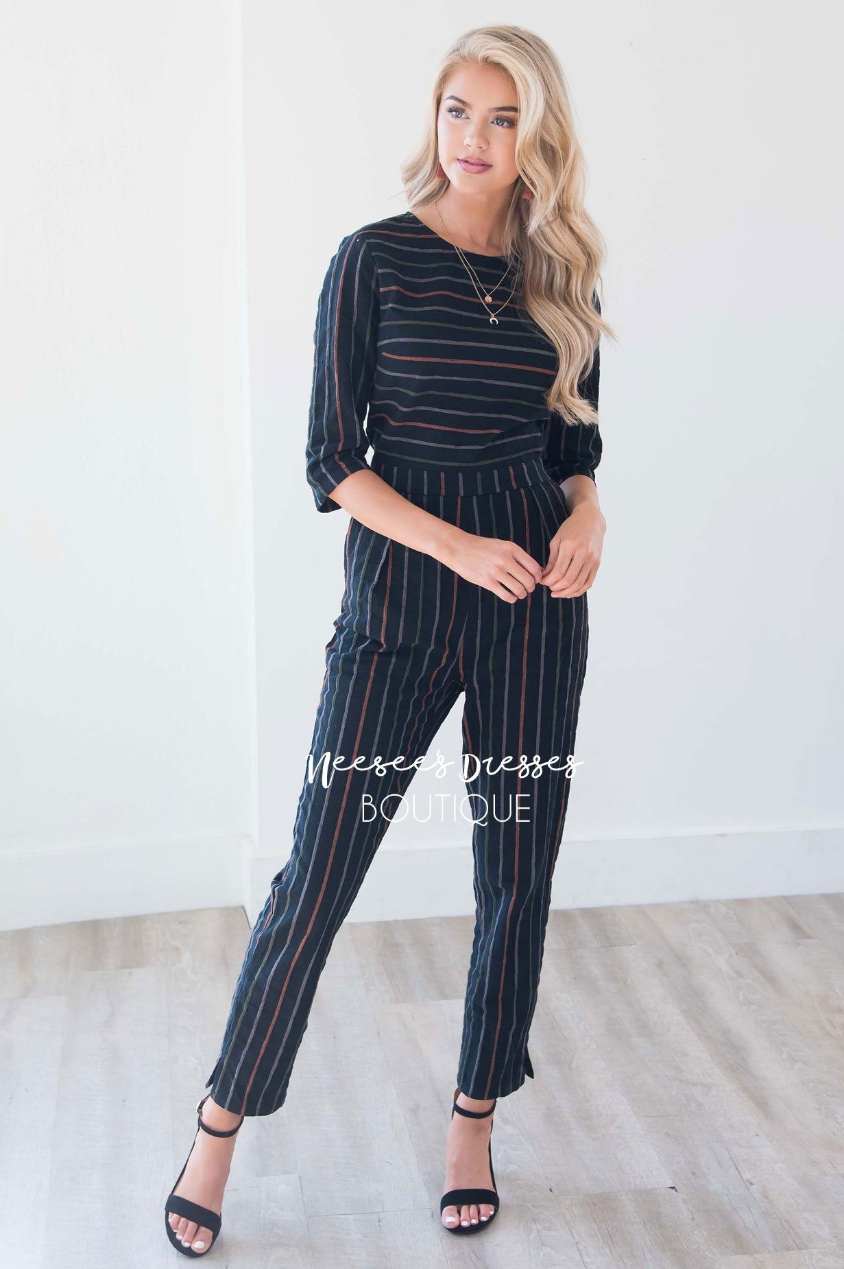 Black Pinstripe Linen Jumpsuit Modest Dresses vendor-unknown