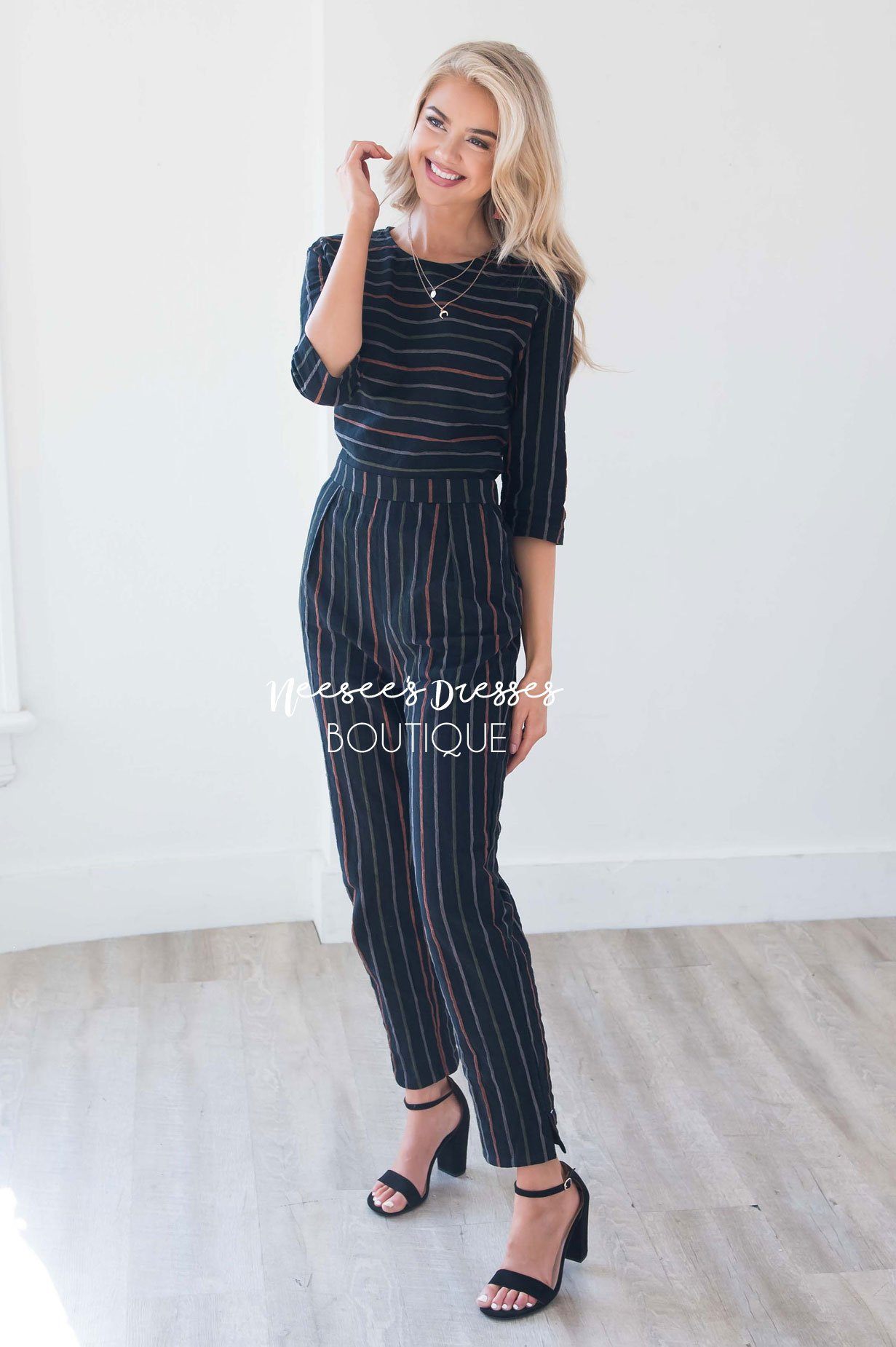 Black Pinstripe Linen Jumpsuit Modest Dresses vendor-unknown