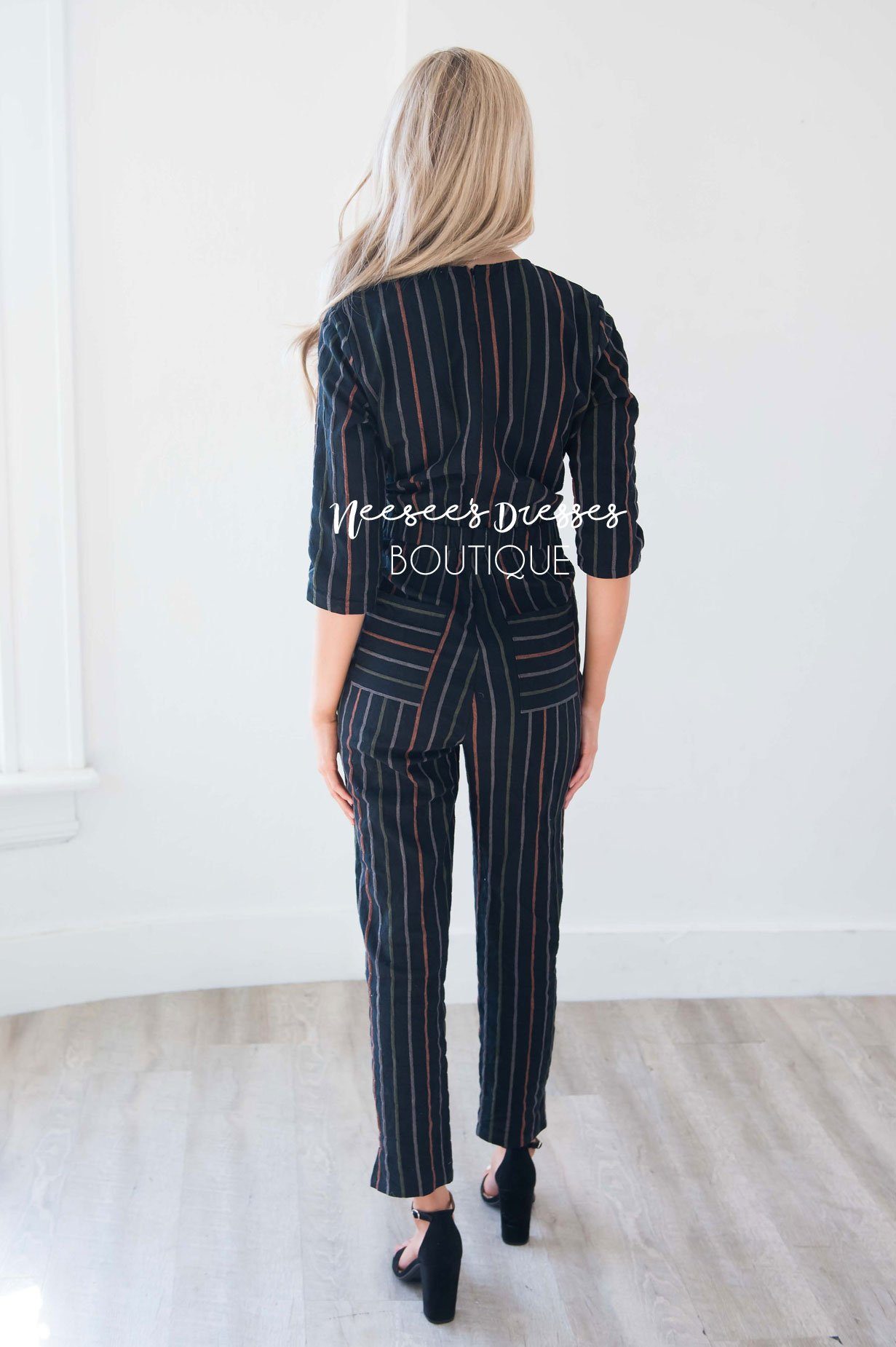 Black Pinstripe Linen Jumpsuit Modest Dresses vendor-unknown