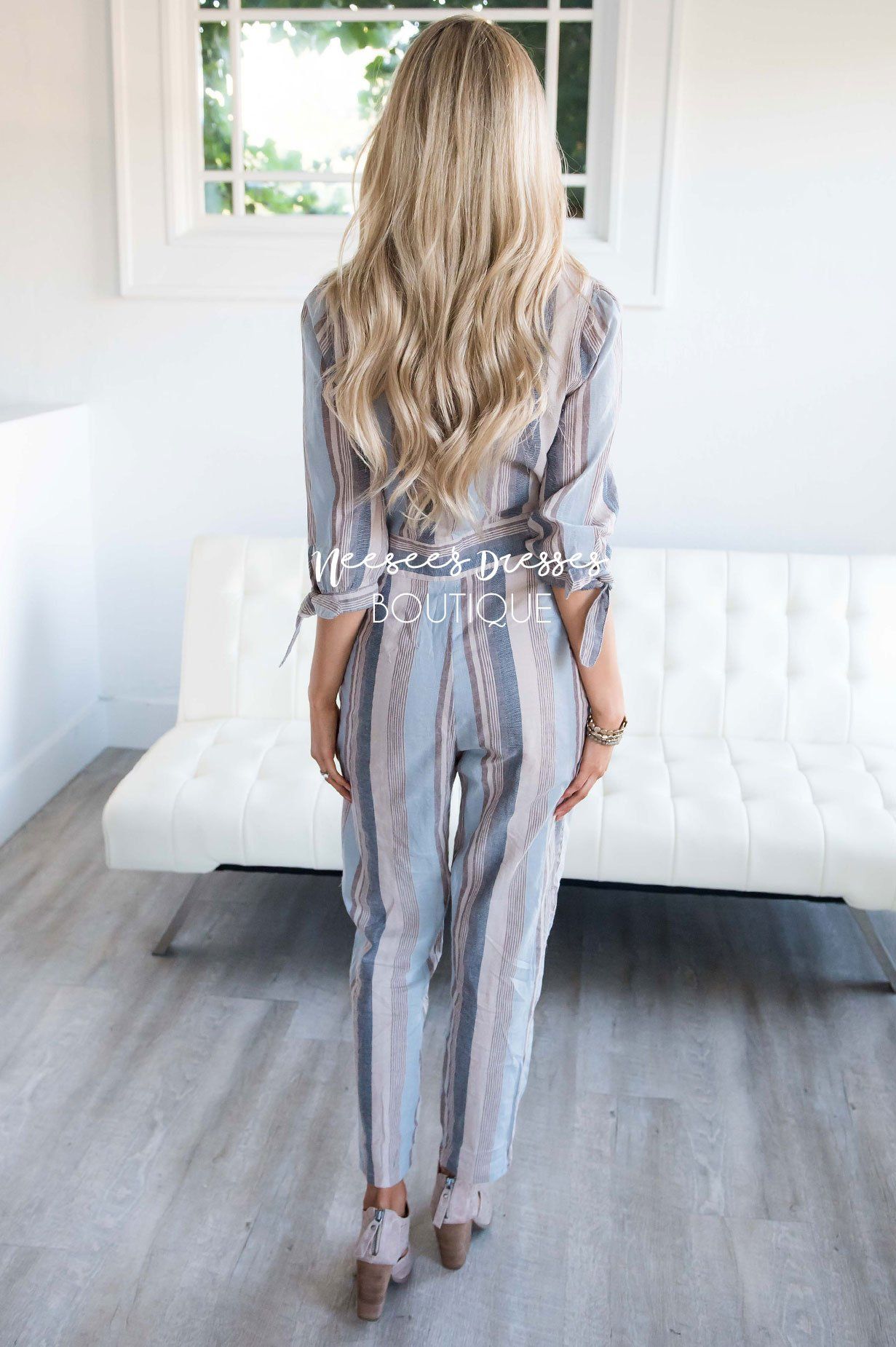 Dusty Blue & Tan Striped Jumpsuit Modest Dresses vendor-unknown