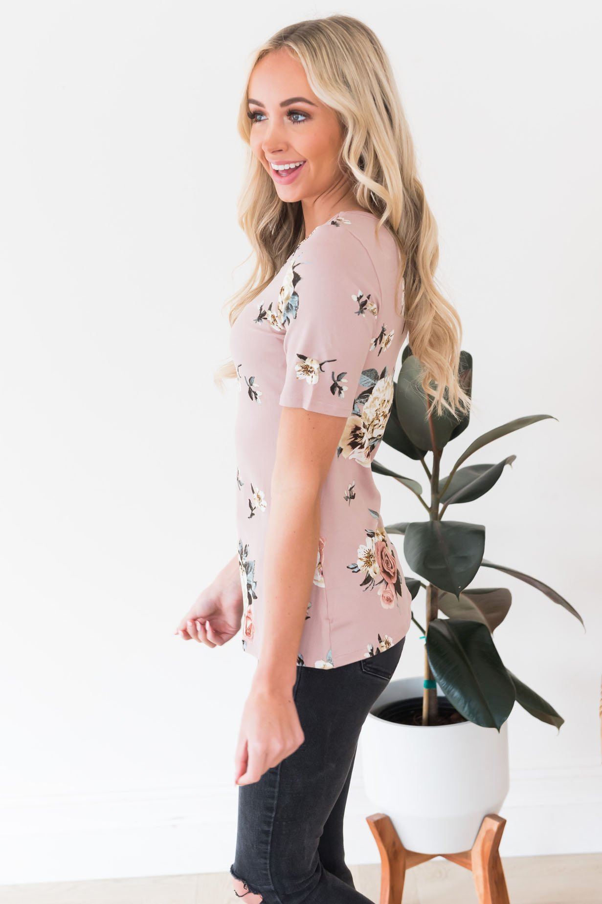 Floral Scoop Neck Tee Tops vendor-unknown