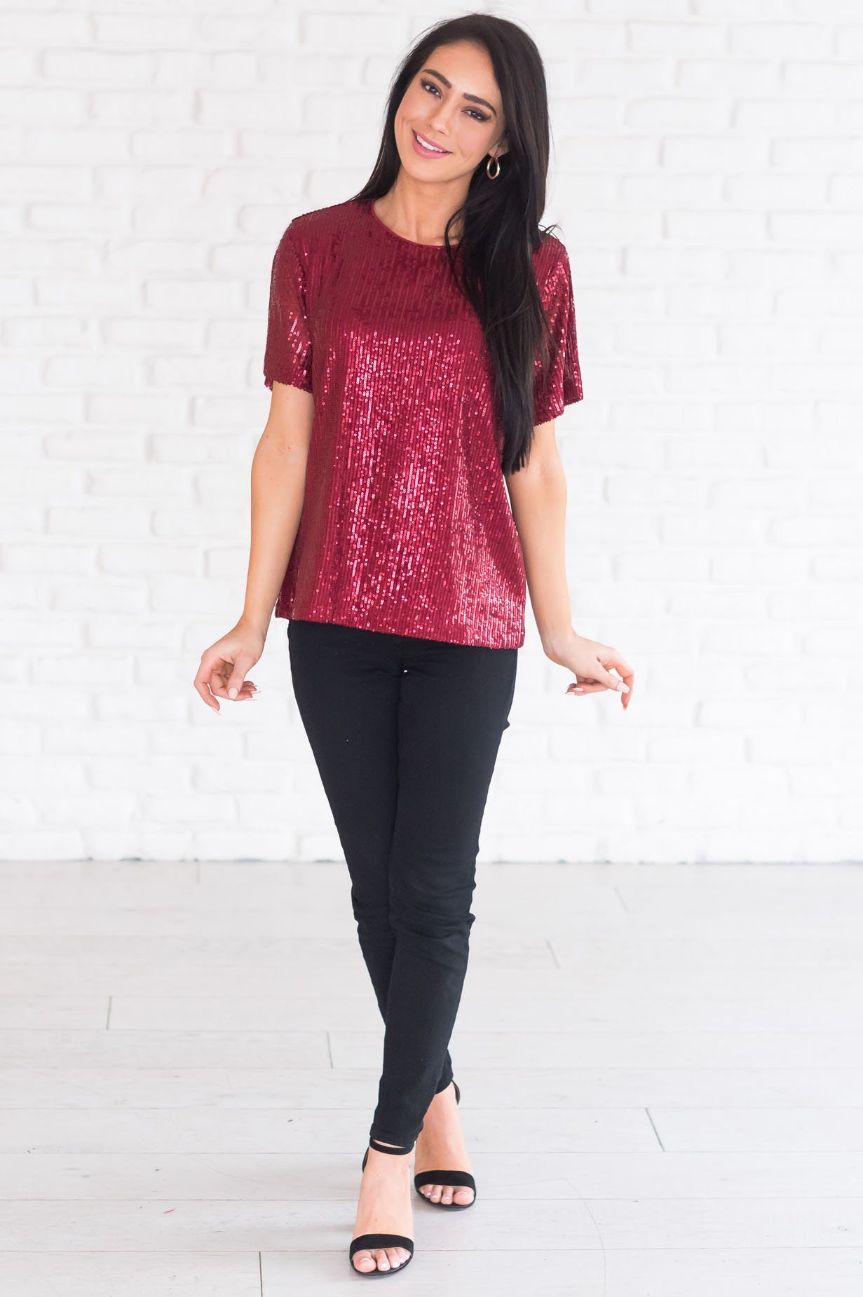 Love Actually Modest Sequin Blouse Tops vendor-unknown