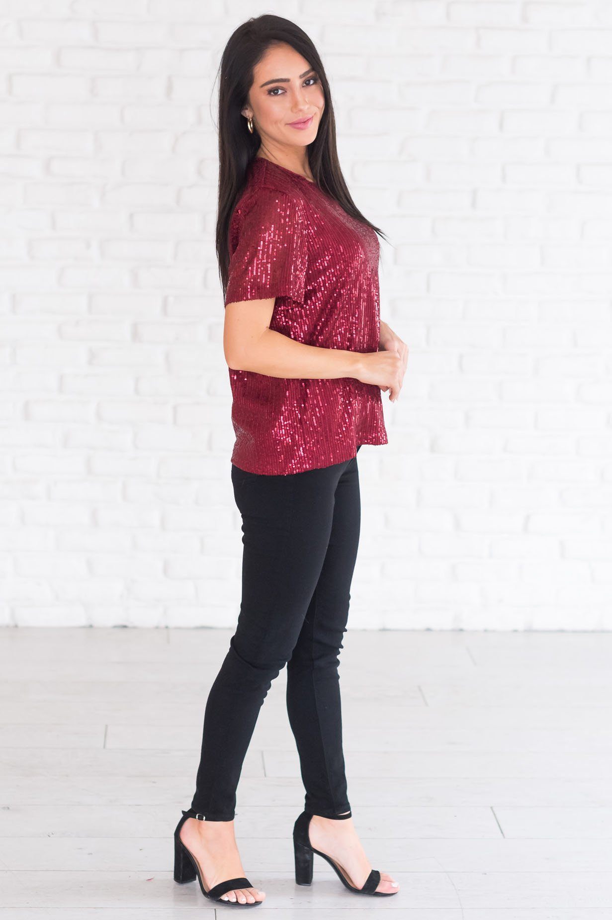 Love Actually Modest Sequin Blouse Tops vendor-unknown