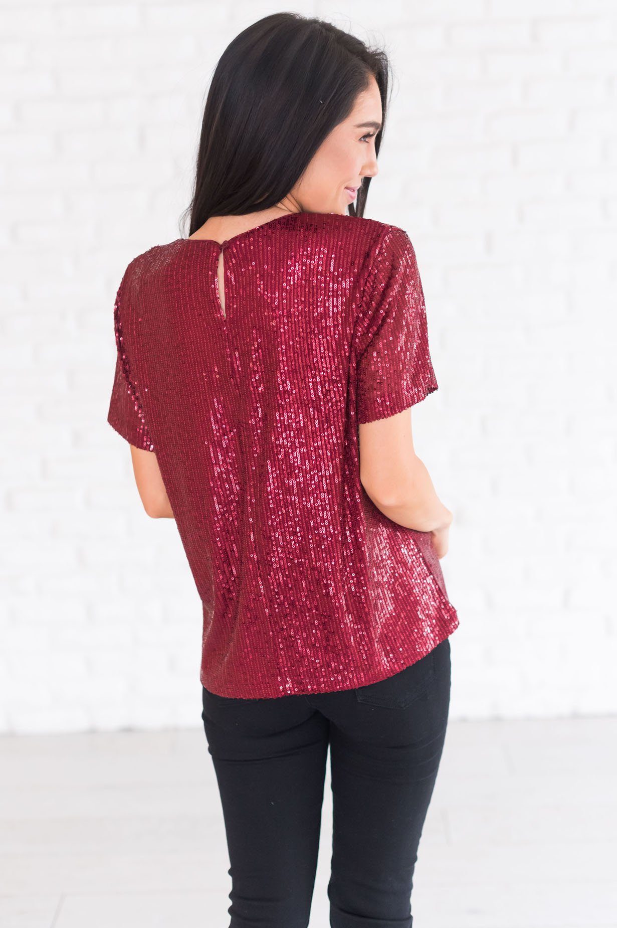 Love Actually Modest Sequin Blouse Tops vendor-unknown