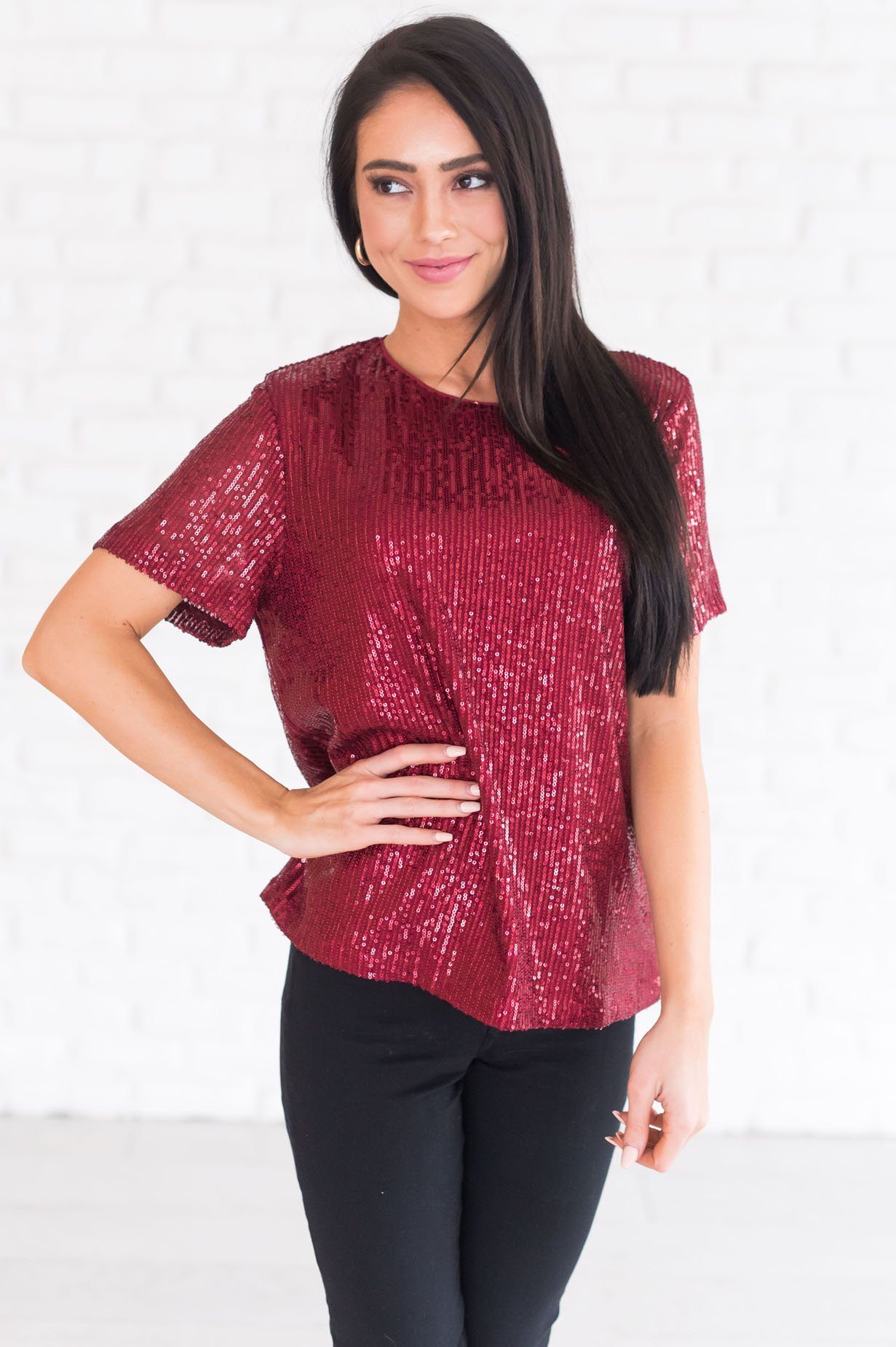 Love Actually Modest Sequin Blouse Tops vendor-unknown