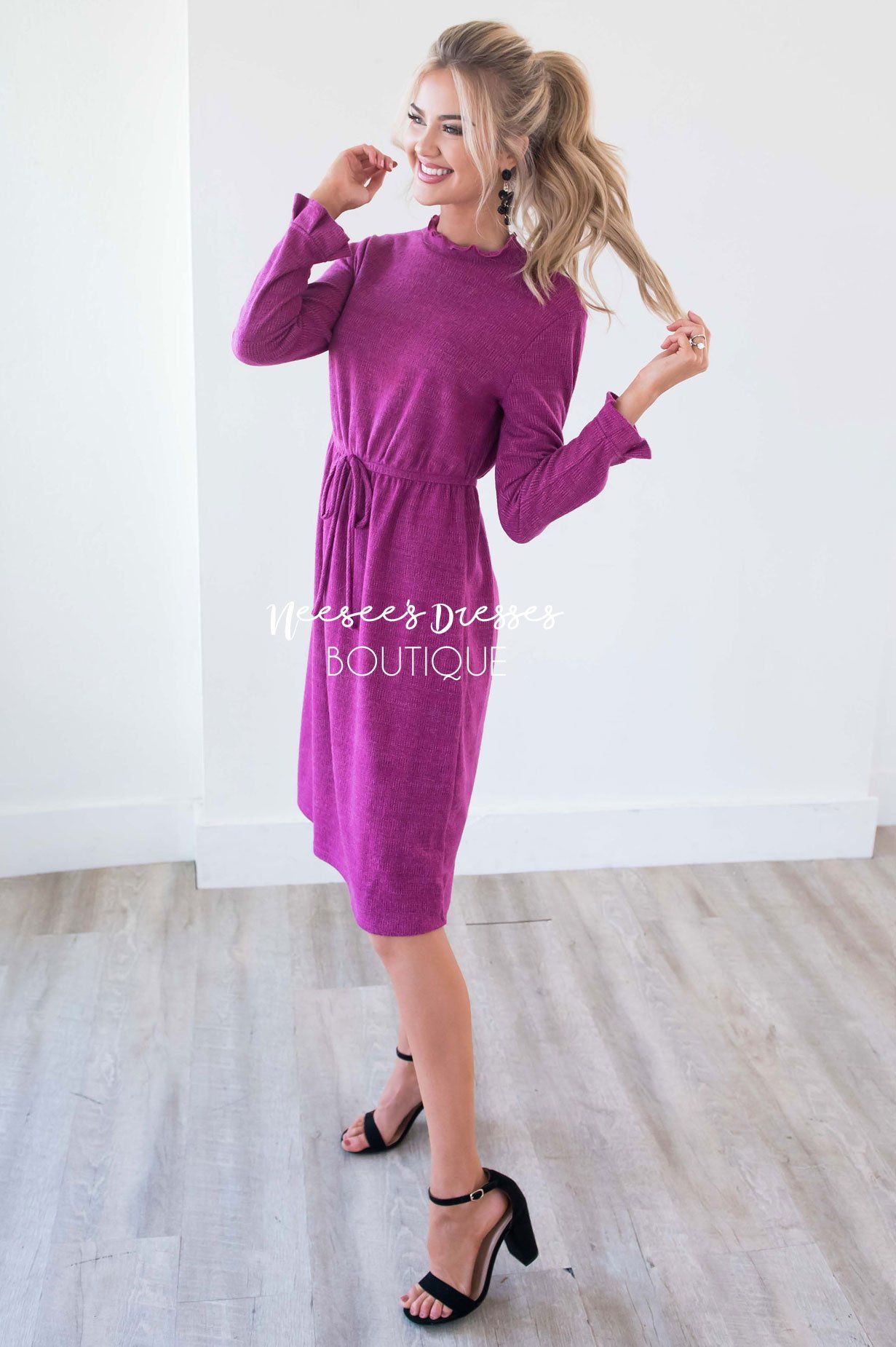 The Keely Ruffle Neckline & Wrists Sweater Dress Modest Dresses vendor-unknown
