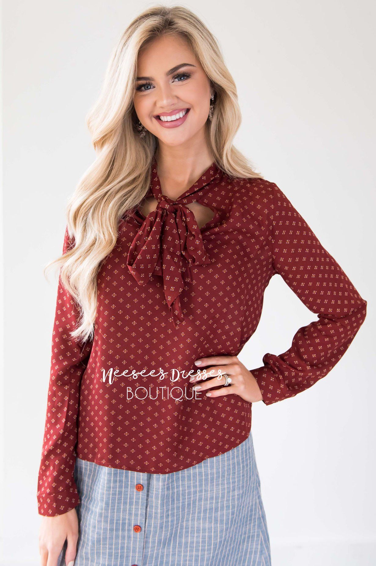Rust Diamond Printed Neck Tie Blouse Tops vendor-unknown