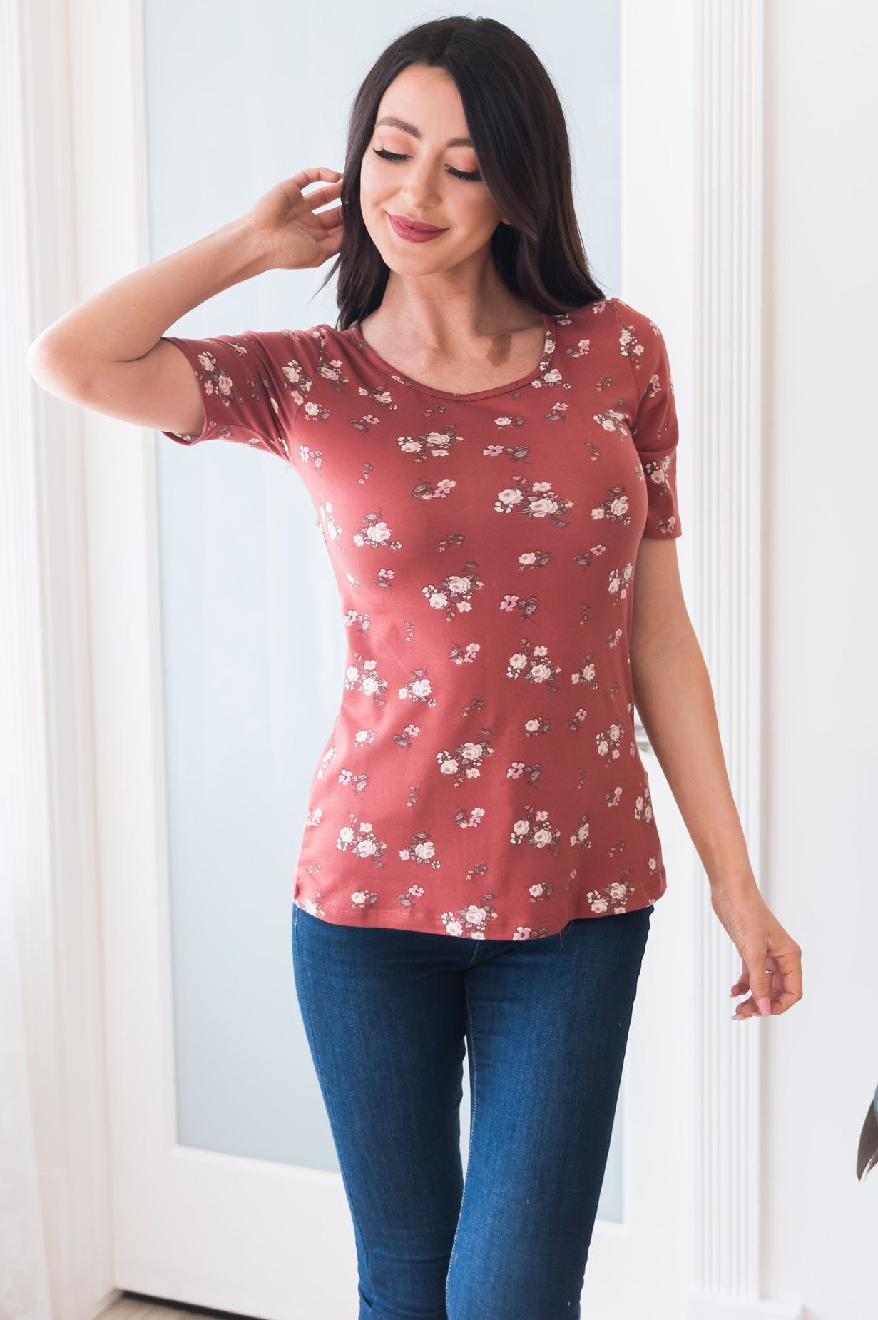 Floral Scoop Neck Modest Tee Tops vendor-unknown
