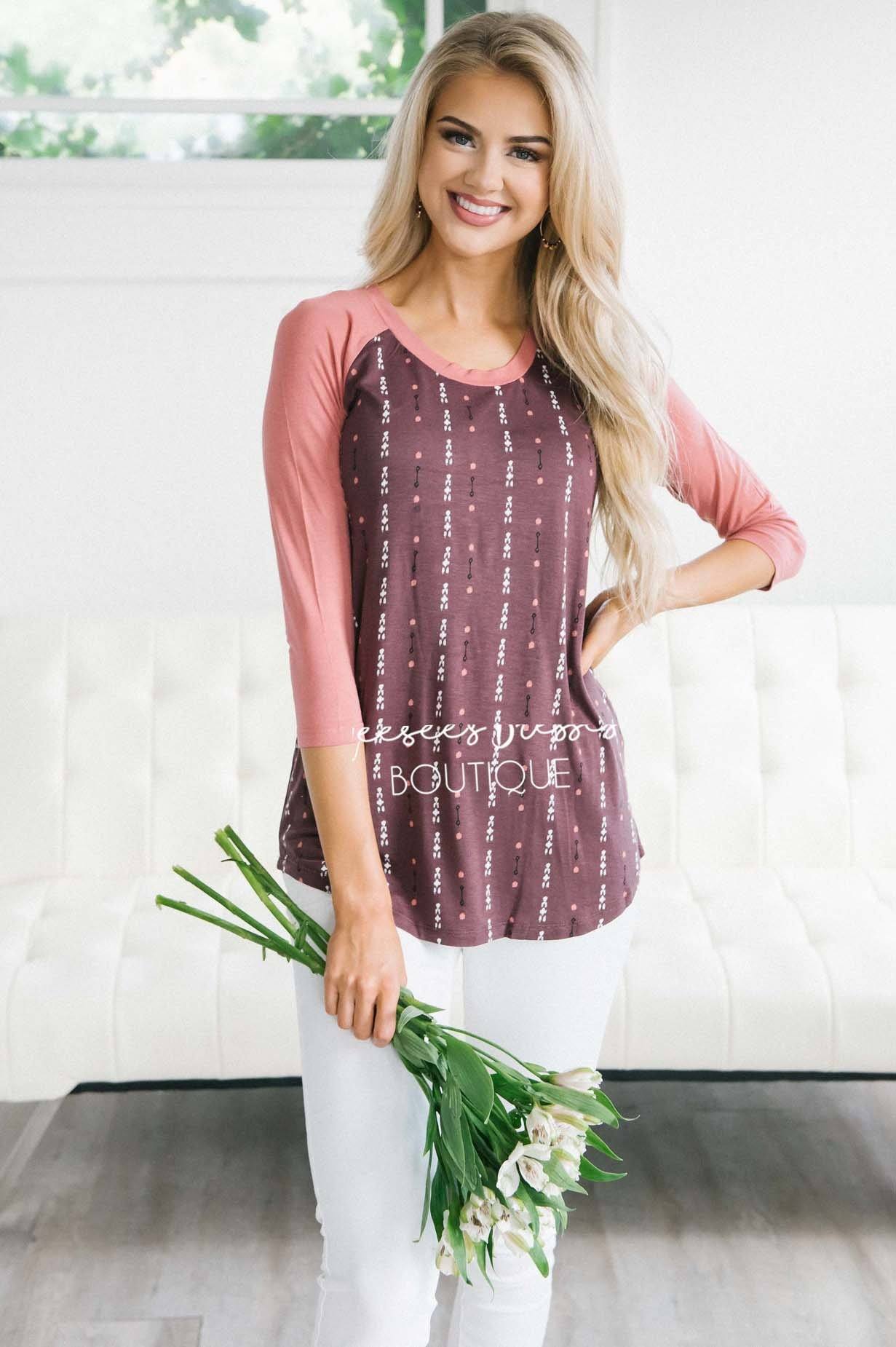 Arrow Geo Print Mauve Baseball Sleeve Tee Tops vendor-unknown