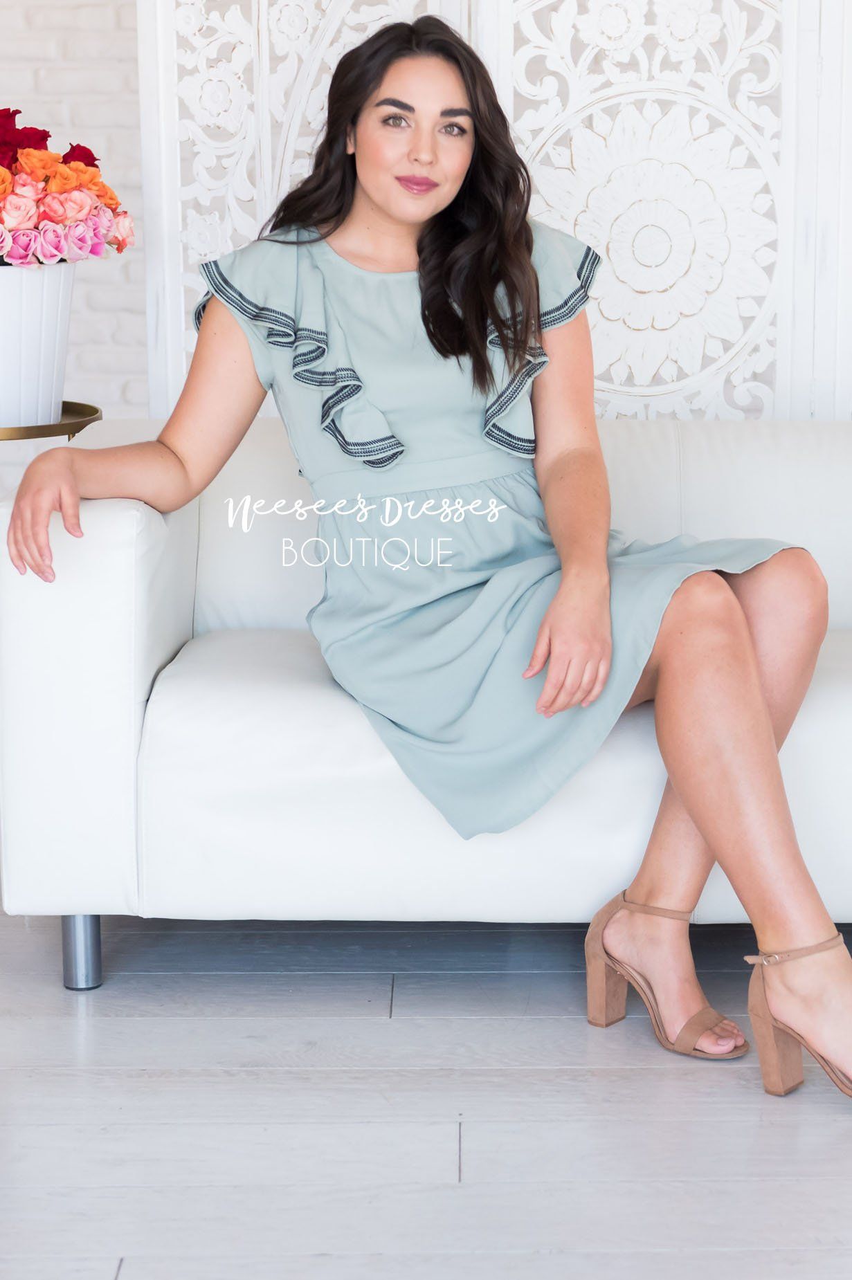 The Megan Ruffle Trim Dress Modest Dresses vendor-unknown