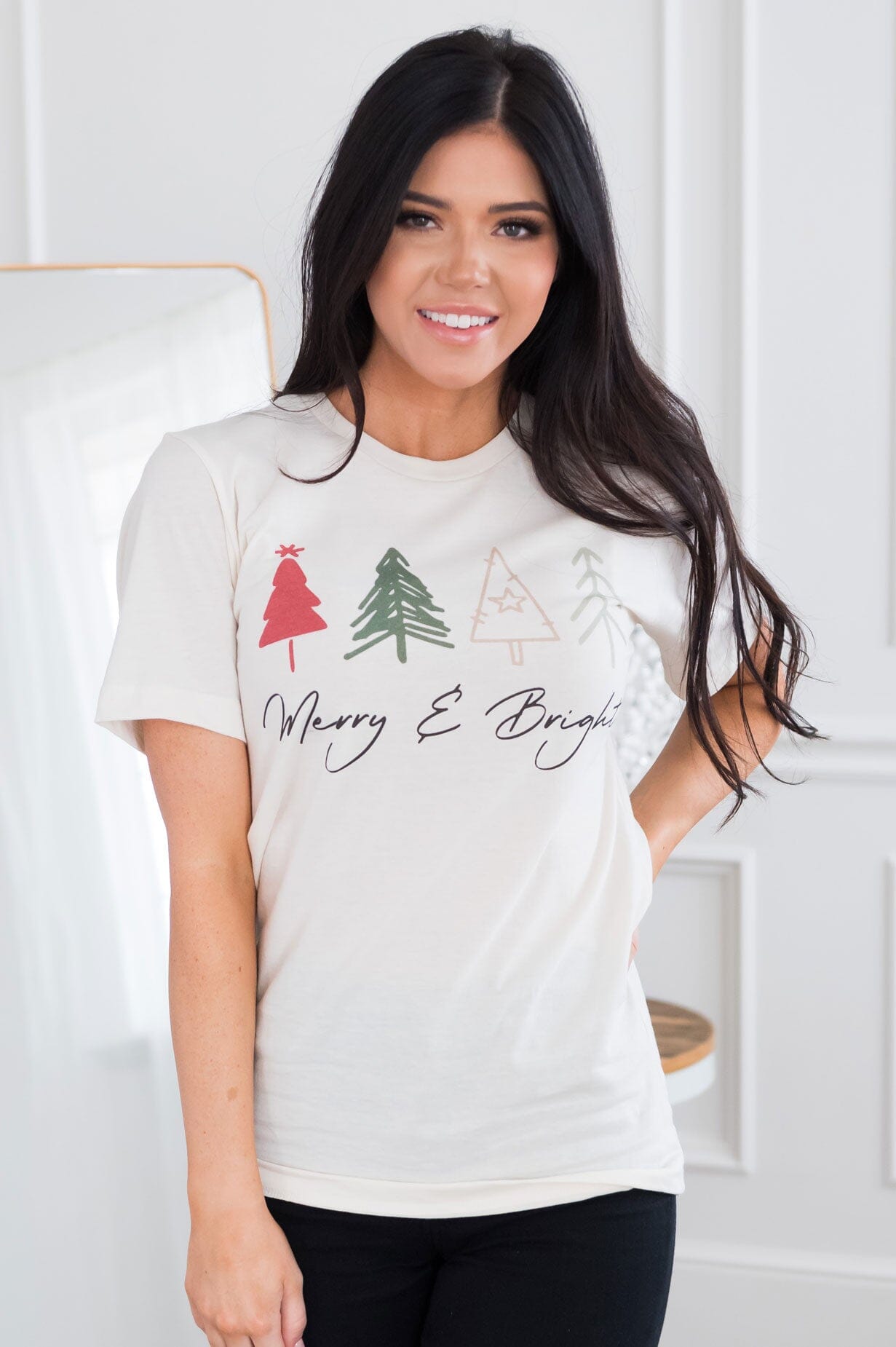 Merry & Bright Christmas Trees Modest Graphic Tee Modest Dresses vendor-unknown