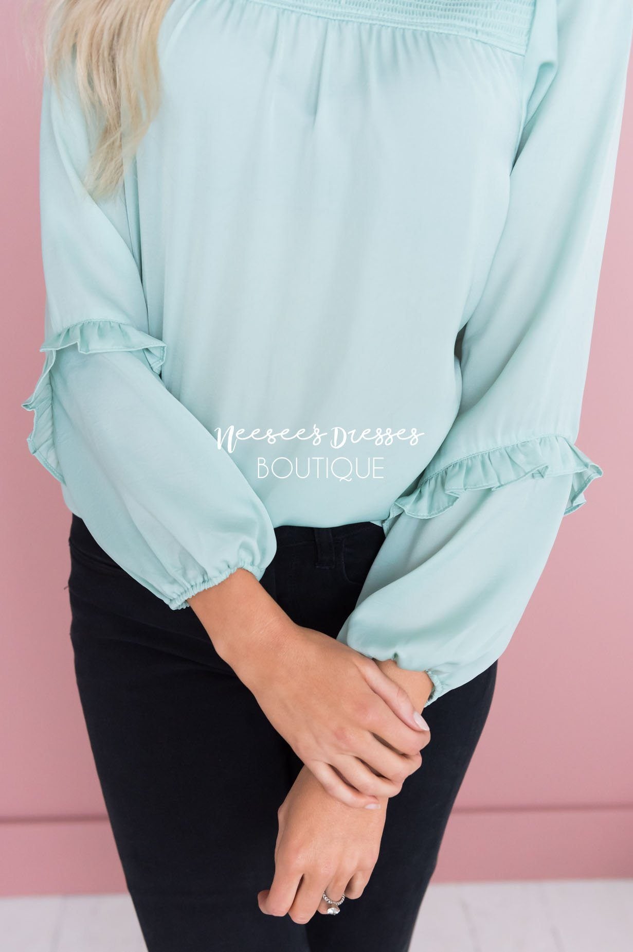 Mint Smocked Satin Blouse Tops vendor-unknown