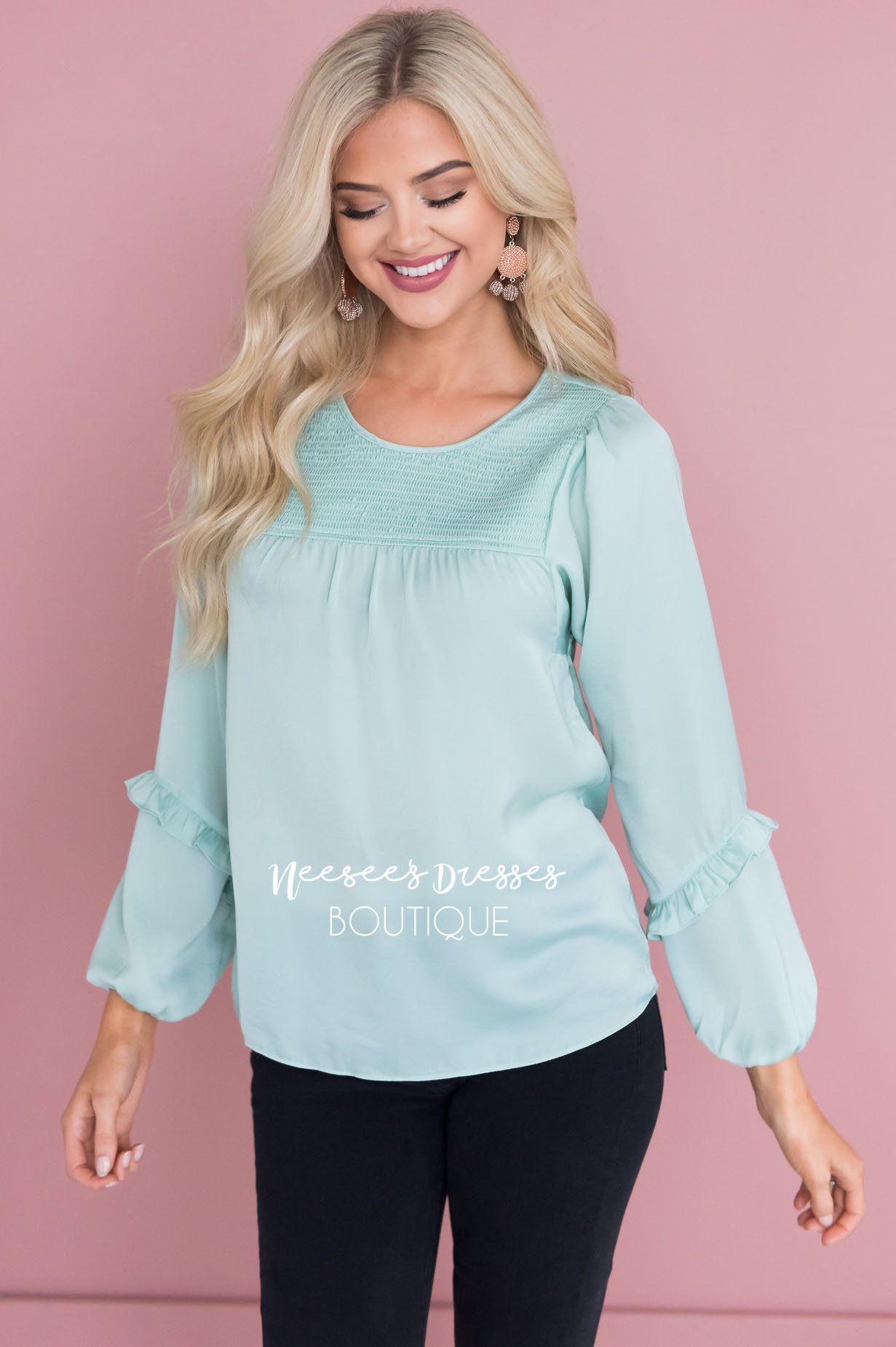 Mint Smocked Satin Blouse Tops vendor-unknown