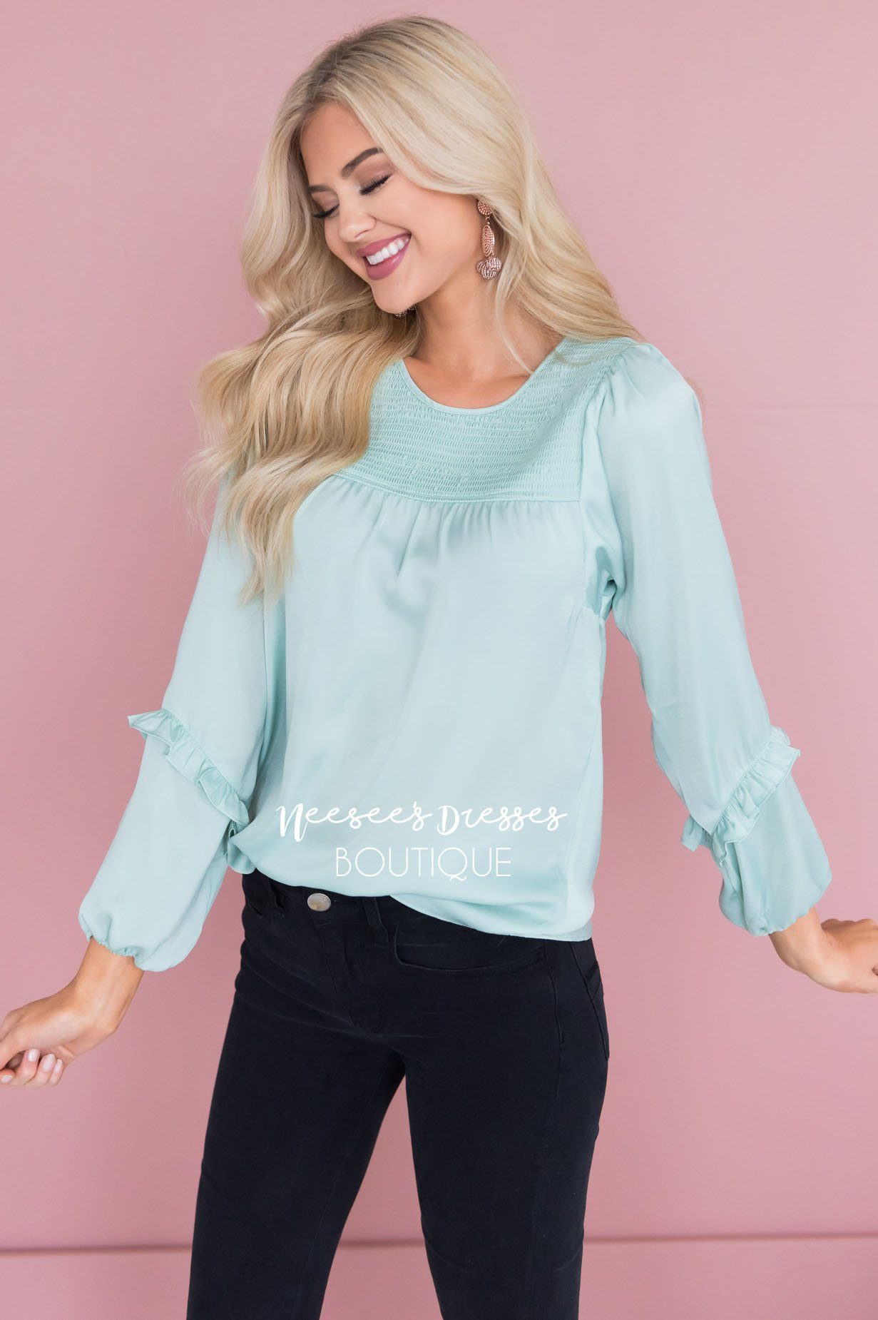 Mint Smocked Satin Blouse Tops vendor-unknown