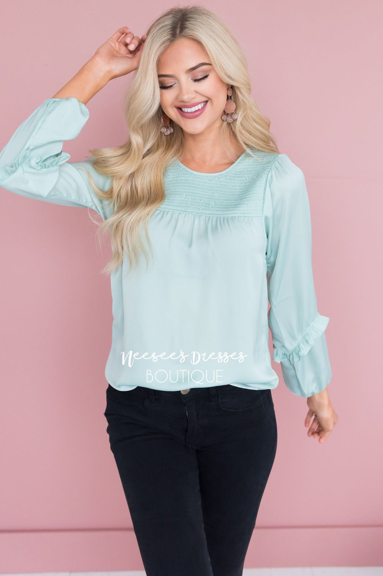 Mint Smocked Satin Blouse Tops vendor-unknown