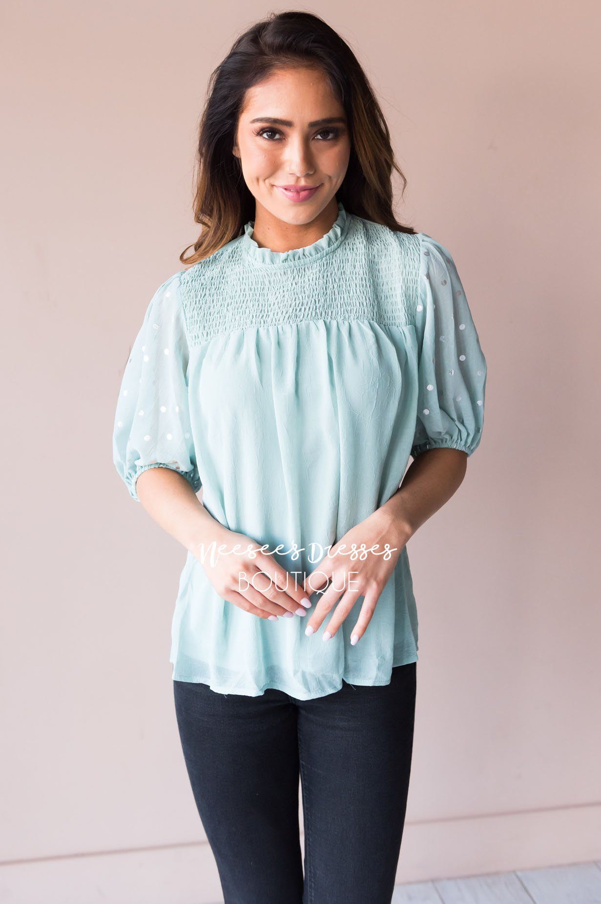 Mint Shimmer Smocked Modest Blouse Tops vendor-unknown