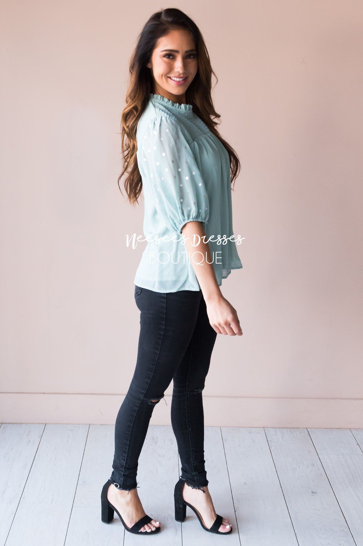 Mint Shimmer Smocked Modest Blouse Tops vendor-unknown