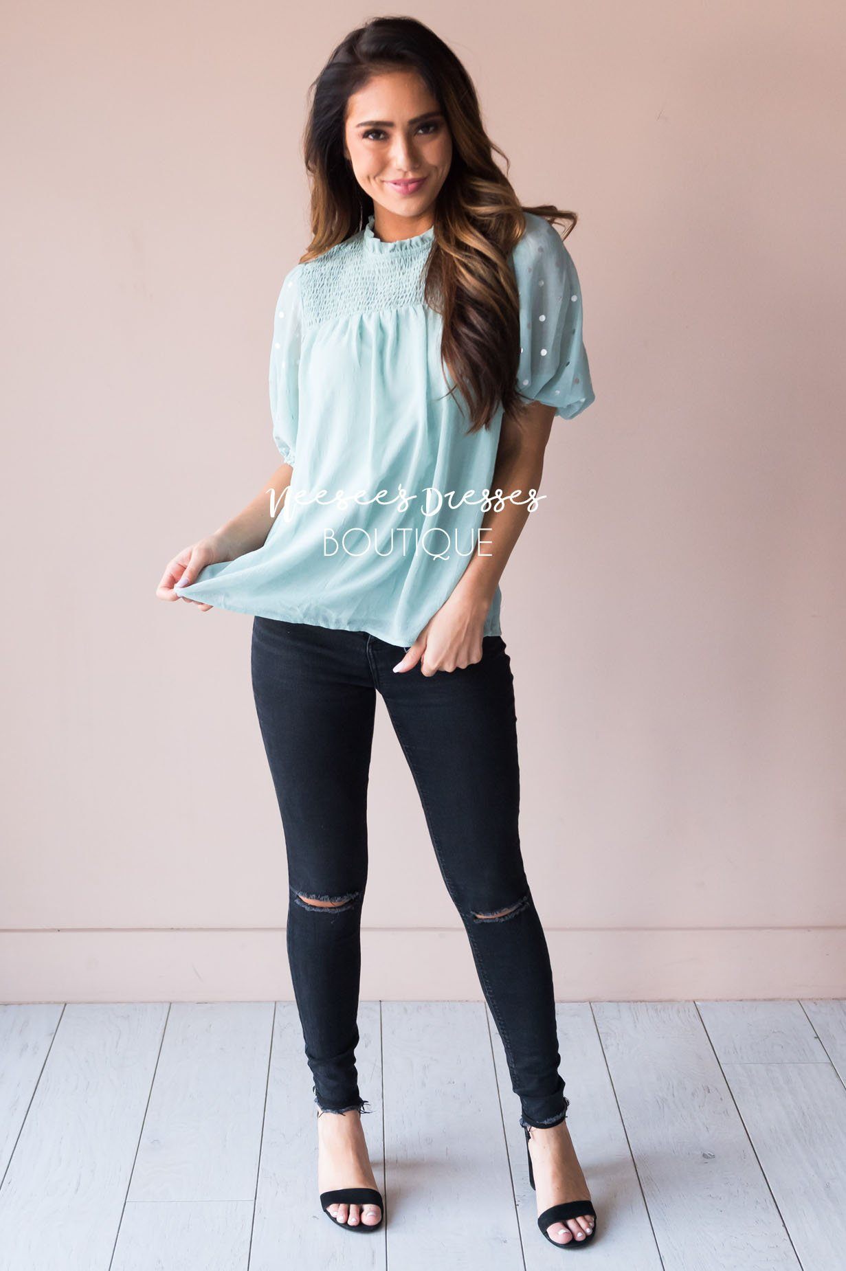 Mint Shimmer Smocked Modest Blouse Tops vendor-unknown