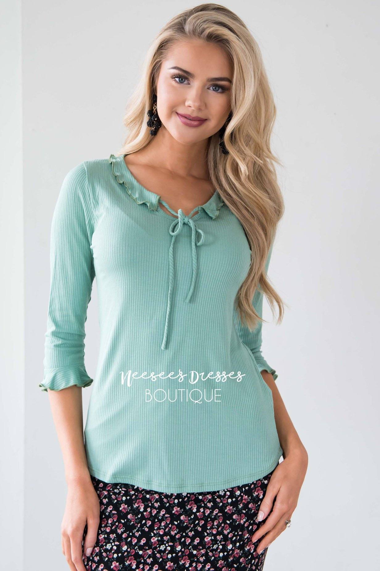 Ruffle Tie Neck Bell Sleeve Top Tops vendor-unknown