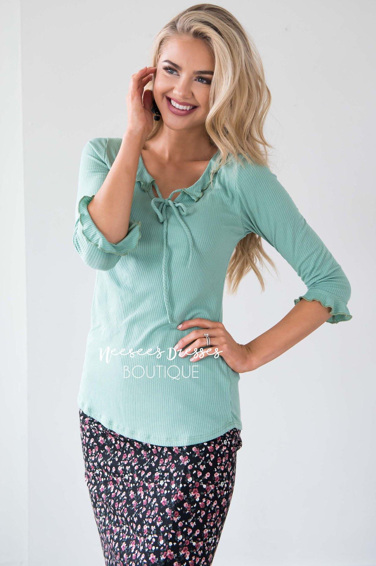 Ruffle Tie Neck Bell Sleeve Top Tops vendor-unknown