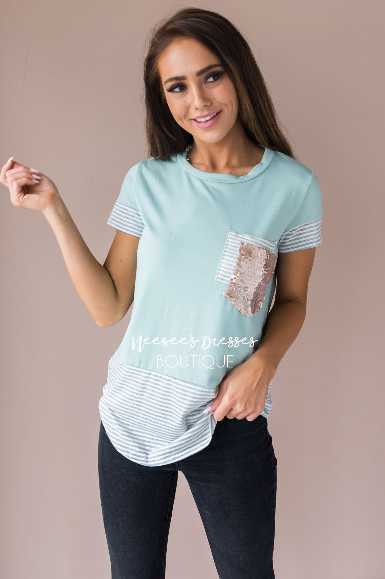 Take The Lead Modest Sparkle Tee Tops vendor-unknown