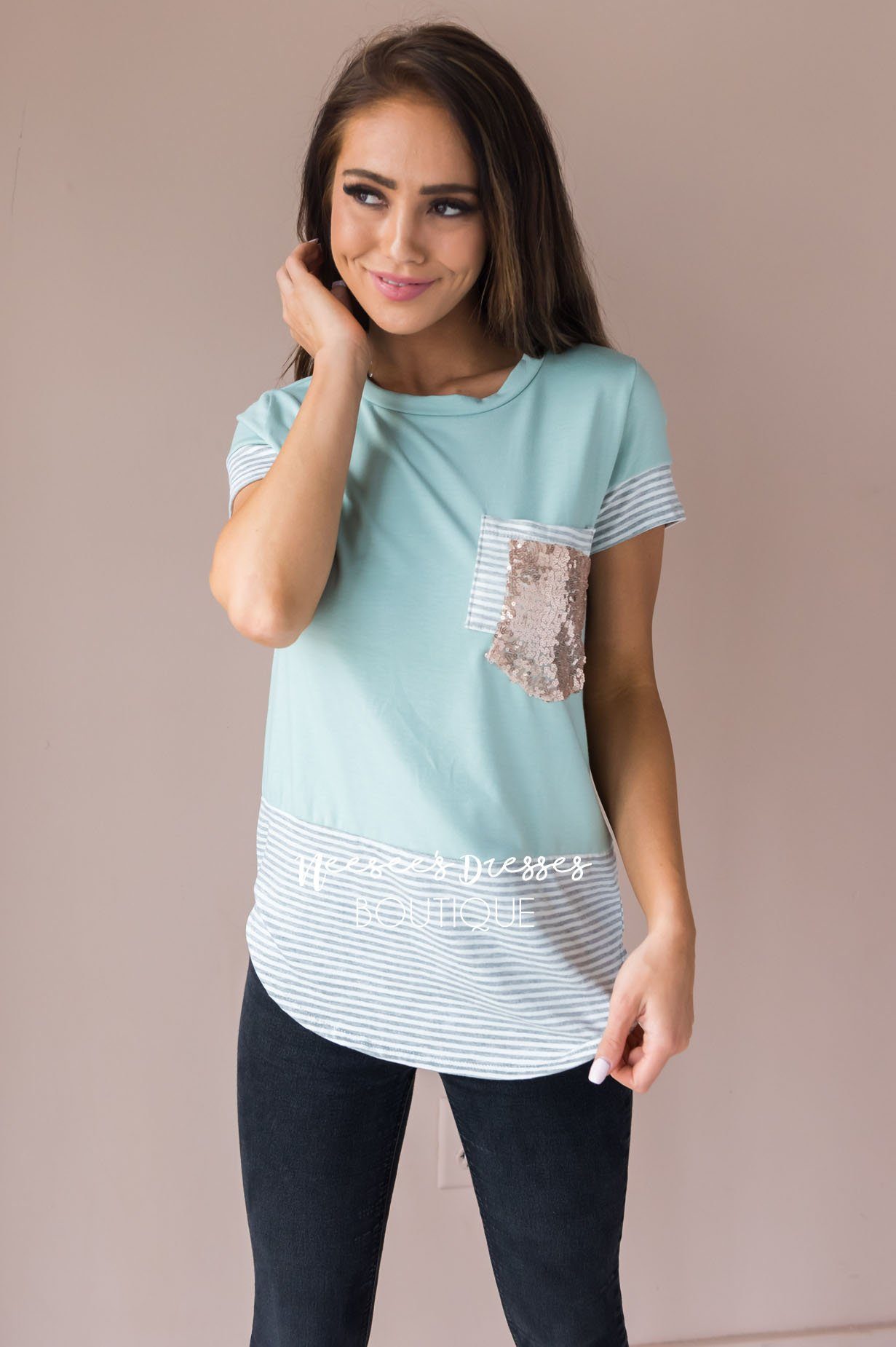 Take The Lead Modest Sparkle Tee Tops vendor-unknown