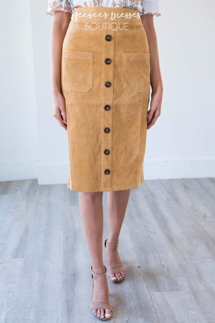 Corduroy Button Detail Skirt