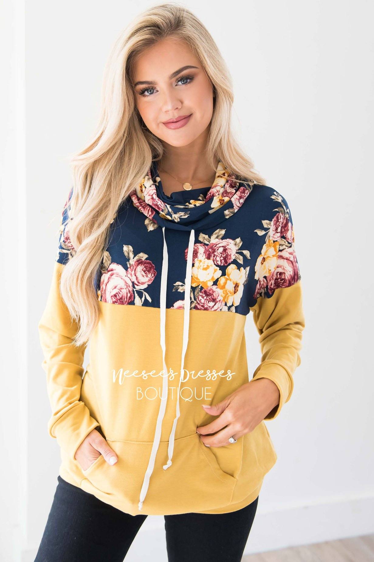 Floral Top Mustard Cowl Neck Sweater Tops vendor-unknown