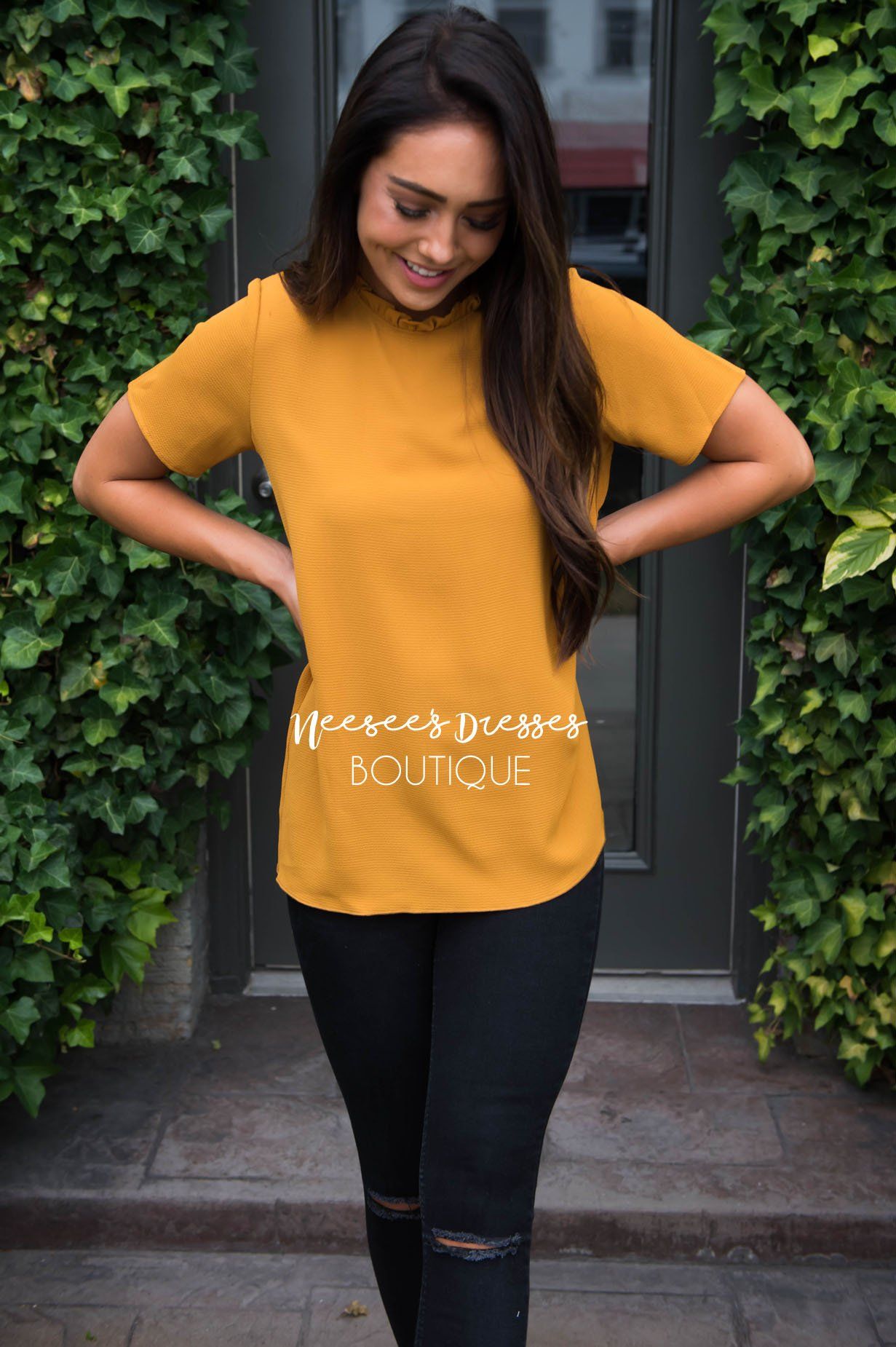 Ruffle Neckline Blouse Tops vendor-unknown