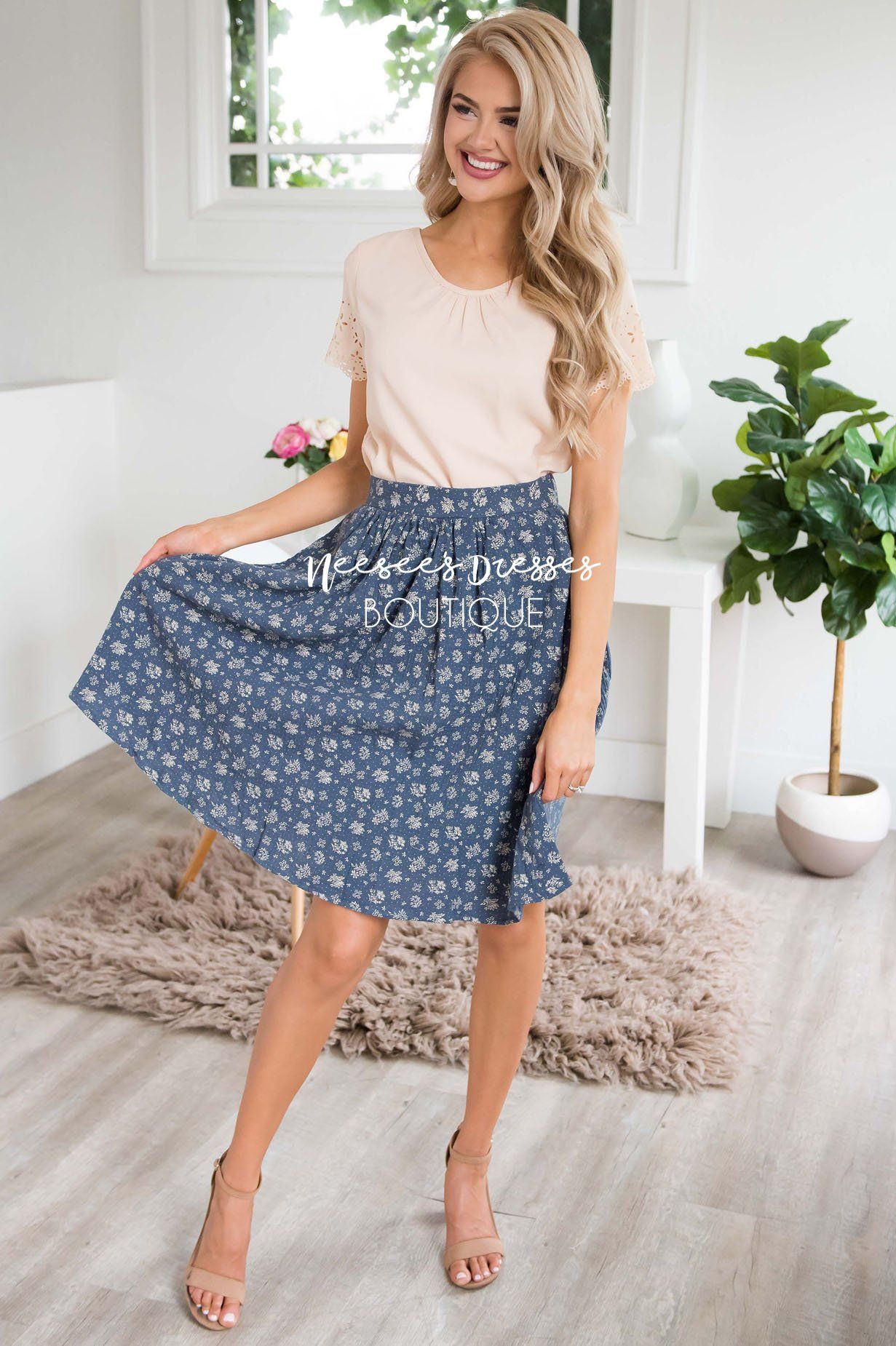 Slate Blue & Cream Textured Aline Skirt Skirts vendor-unknown